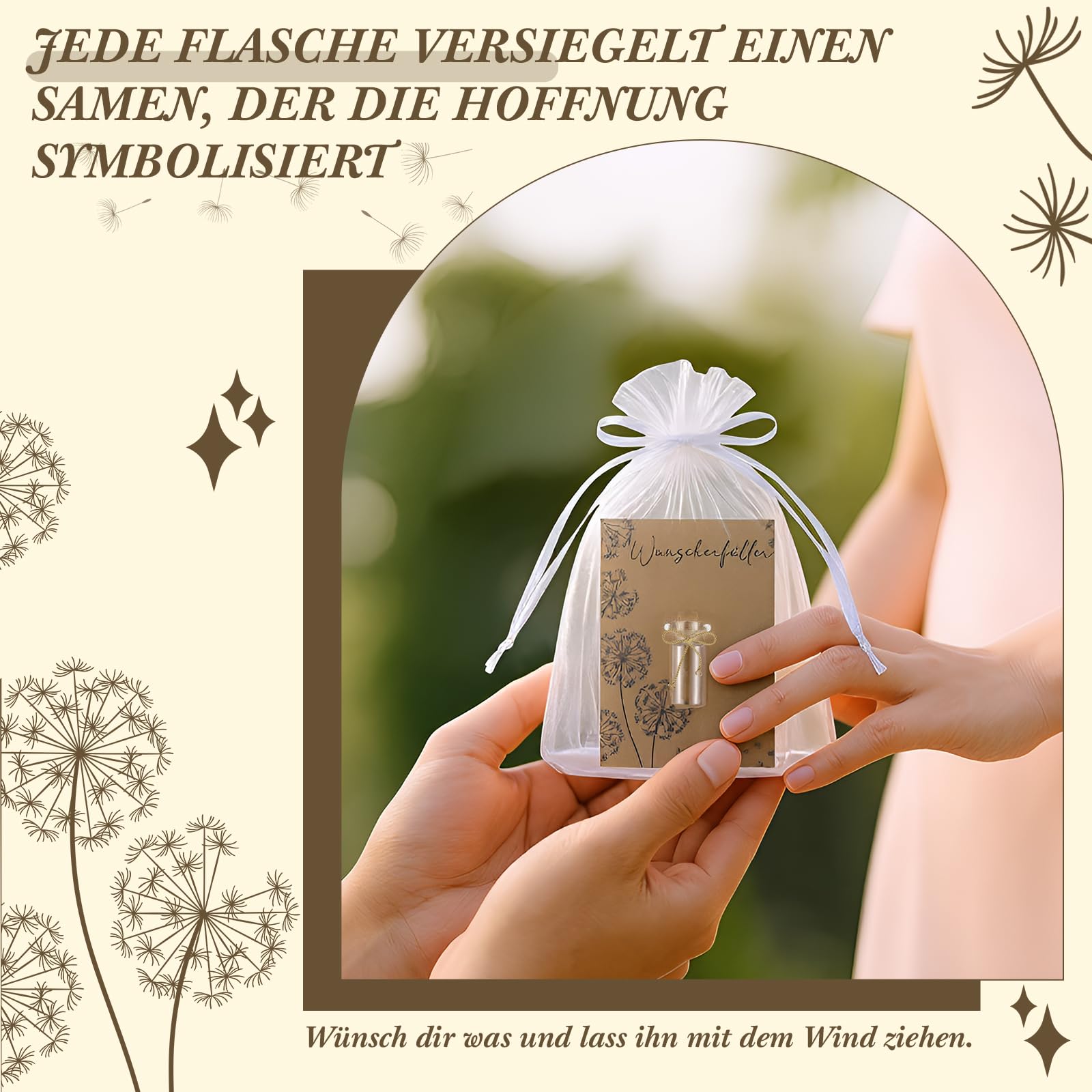 Geiserailie 12 Set Pequeño Concededor de Deseos Dientes de León en Frasco Tarjeta Bolsa de Organza Cuerda Regalo de Gracias Amuleto de Suerte Favores de Fiesta para Navidad Cumpleaños Boda