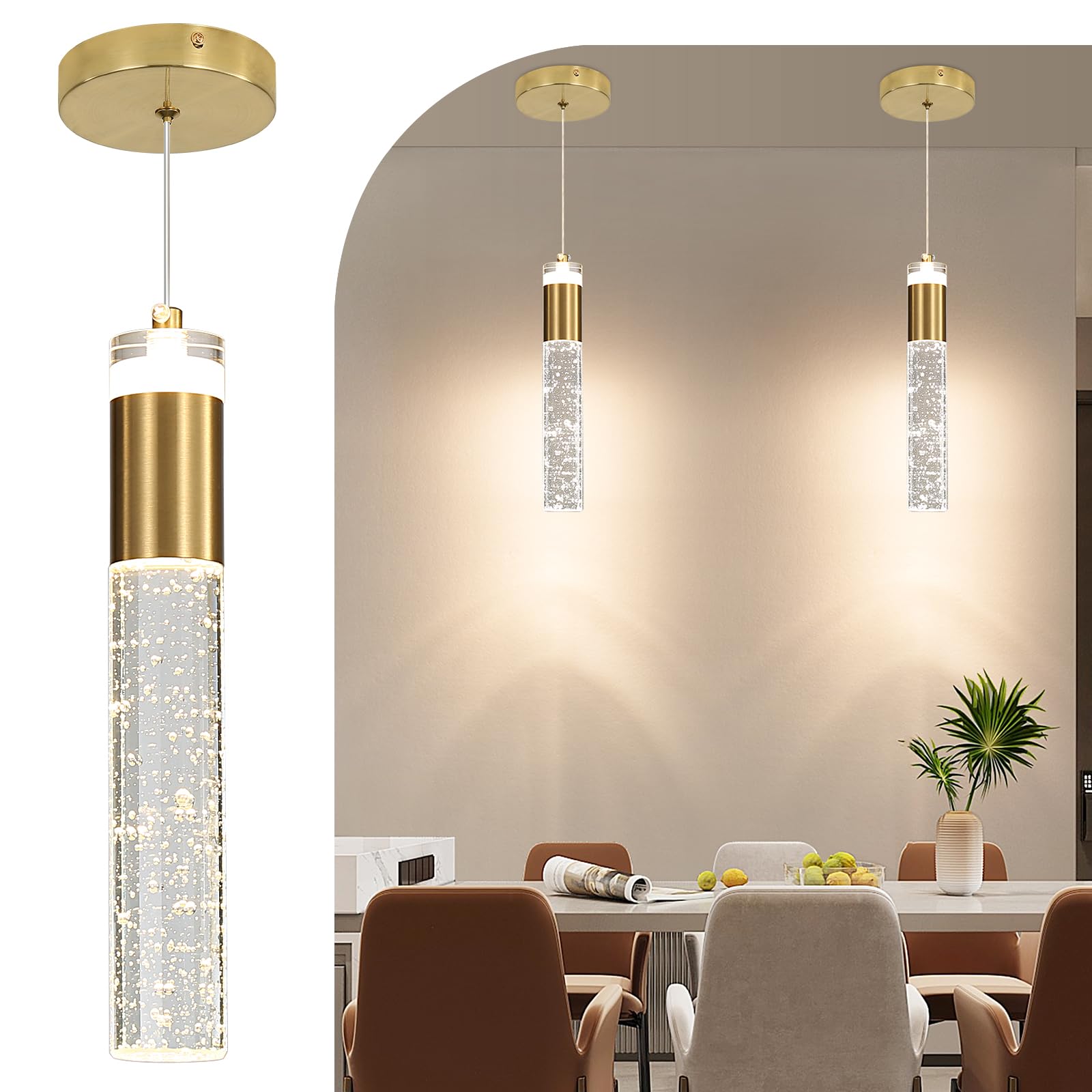 Mikeru Cylinder Pendant Light, 2 Pack 3 Colour Temperatures (3000K/4500K/6500K) Kitchen Island Gold Pendant Light, Modern Ceiling Fixtures for Cafe, Study, Dining Room, Bedroom