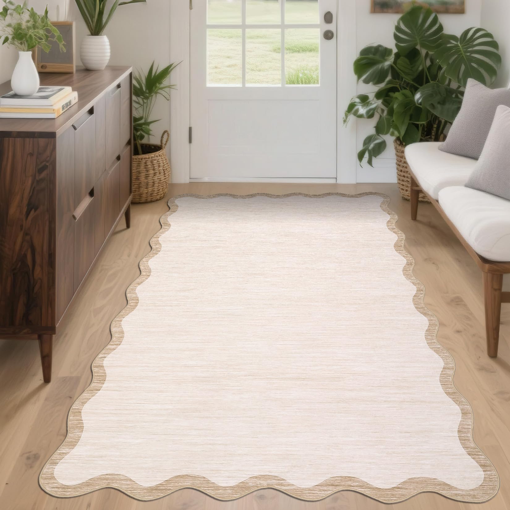 Small Bedroom Area Rug 80x150cm Area Rug for Living Room Nursery Non Slip Kitchen Throw Carpet Low Pile Modern Bordered Rugs Washable Bathroom Mat Soft Brown Rugs for Laundry Entryway, Beige/Taupe