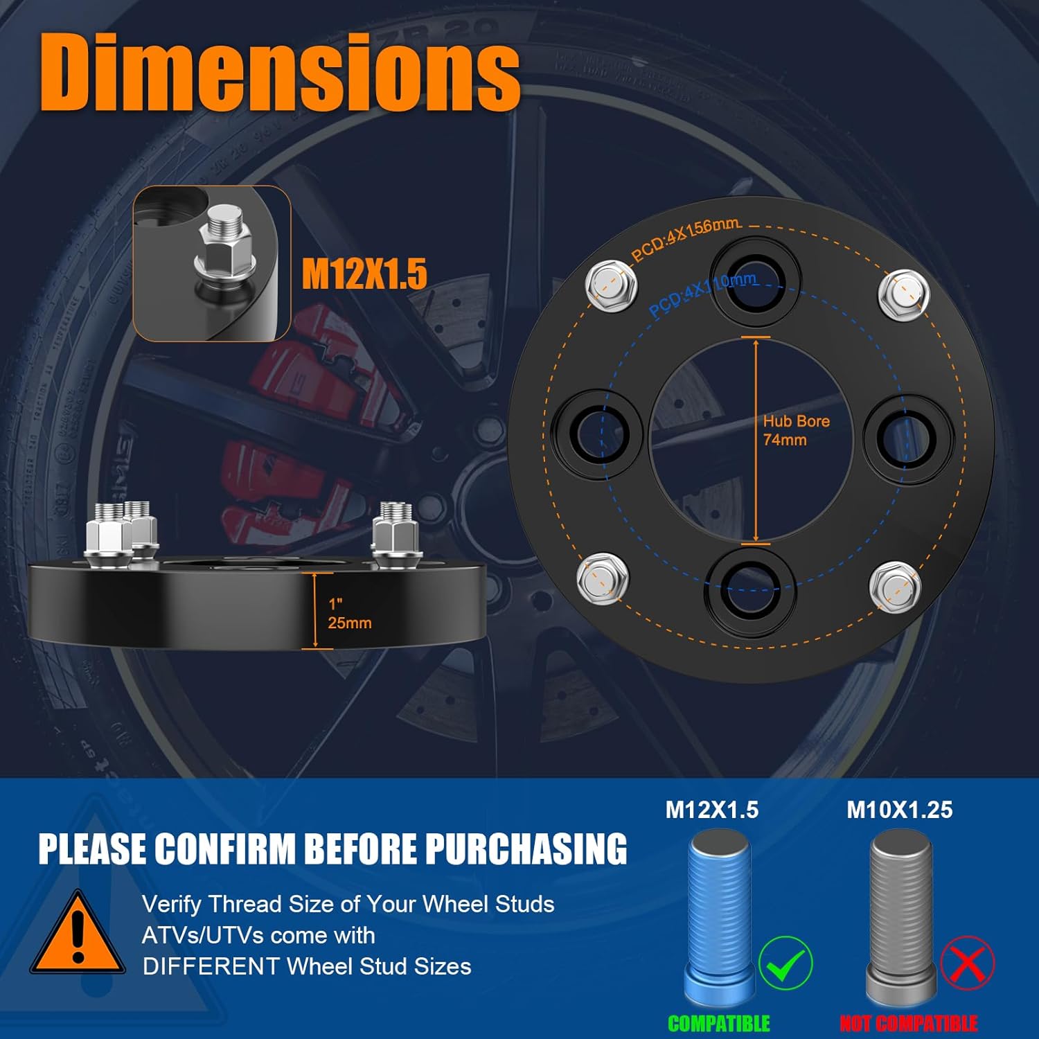 GAsupply 4x110 to 4x156 Wheel Adapters Fit for Pioneer 500 700-2 700-4 Big Red, 1 inch 25mm 4x110mm to 4x156mm ATV Wheel Spacer Adapter Black with 12x1.5 Studs 74.1mm Hub Bore, 4pcs