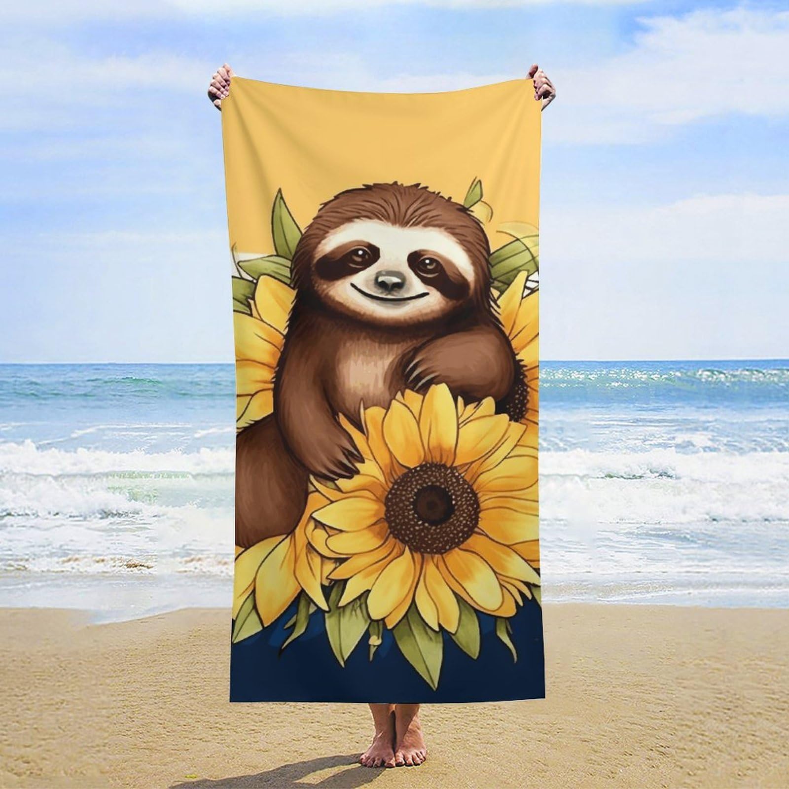 NTVOWPZO Cartoon Sloth Sitting on Sunflower Beach Towel Oversized Microfiber Bath Towels Lightweight Sand Proof Beach Towels Absorbent Pool Towels for Swimming Yoga Bathroom Towel 31.5" X 63"