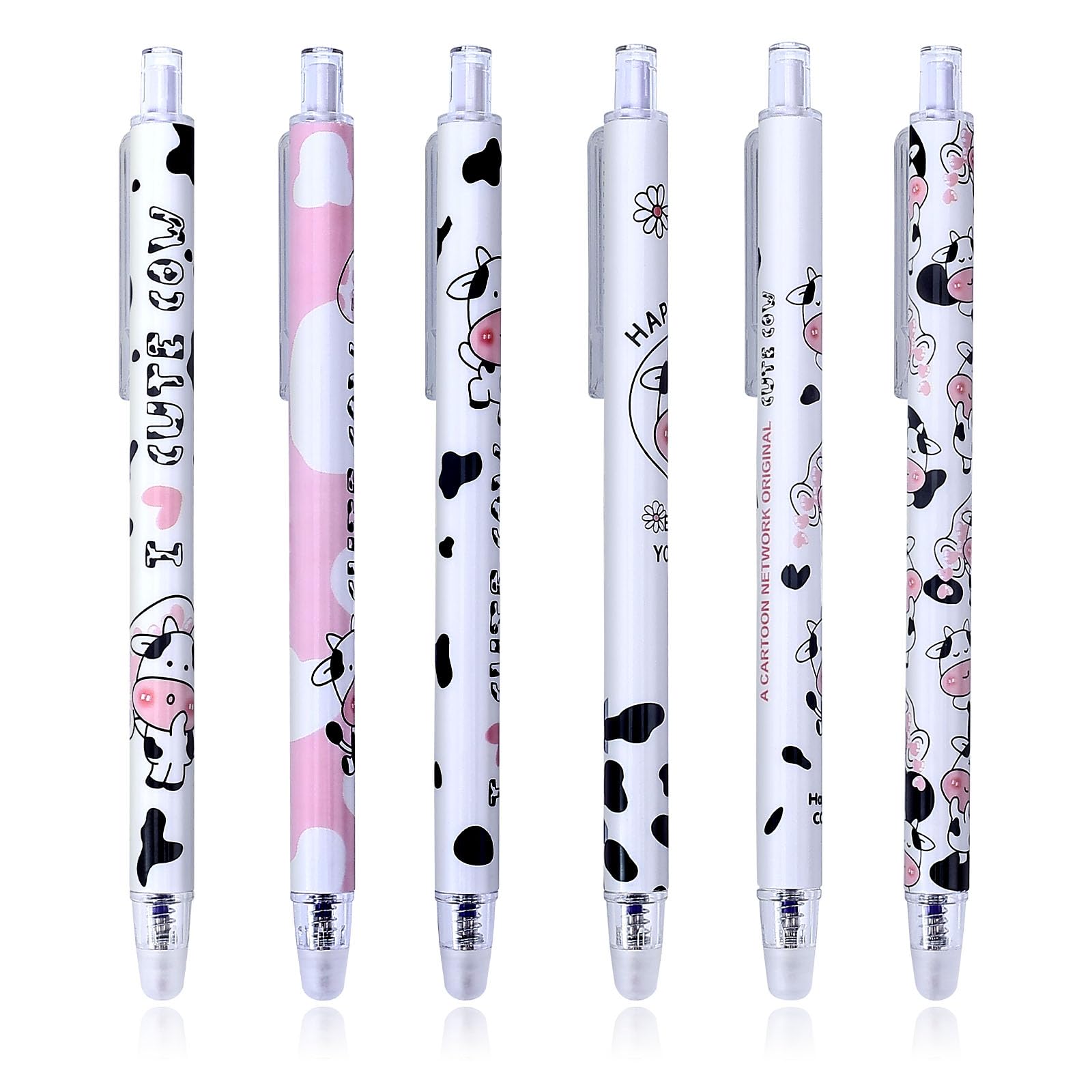 cobeeCute Milk Cow Erasable Gel Ink Pens with Eraser, 6 Pcs 0.5mm Retractable Rollerball Pens Blue Ink Gel Pen Kawai Fine Point Pen for School Office Home