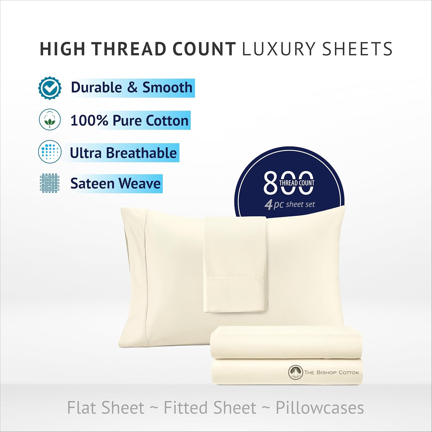The Bishop Cotton King Sheet Set, 100% Egyptian Cotton King Size Sheets Set 800 Thread Count, Extra Soft 4 Piece Set 16 Inch Deep Pocket Sheet and Pillowcase Set for Home, Bedroom & Hotel - Ivory
