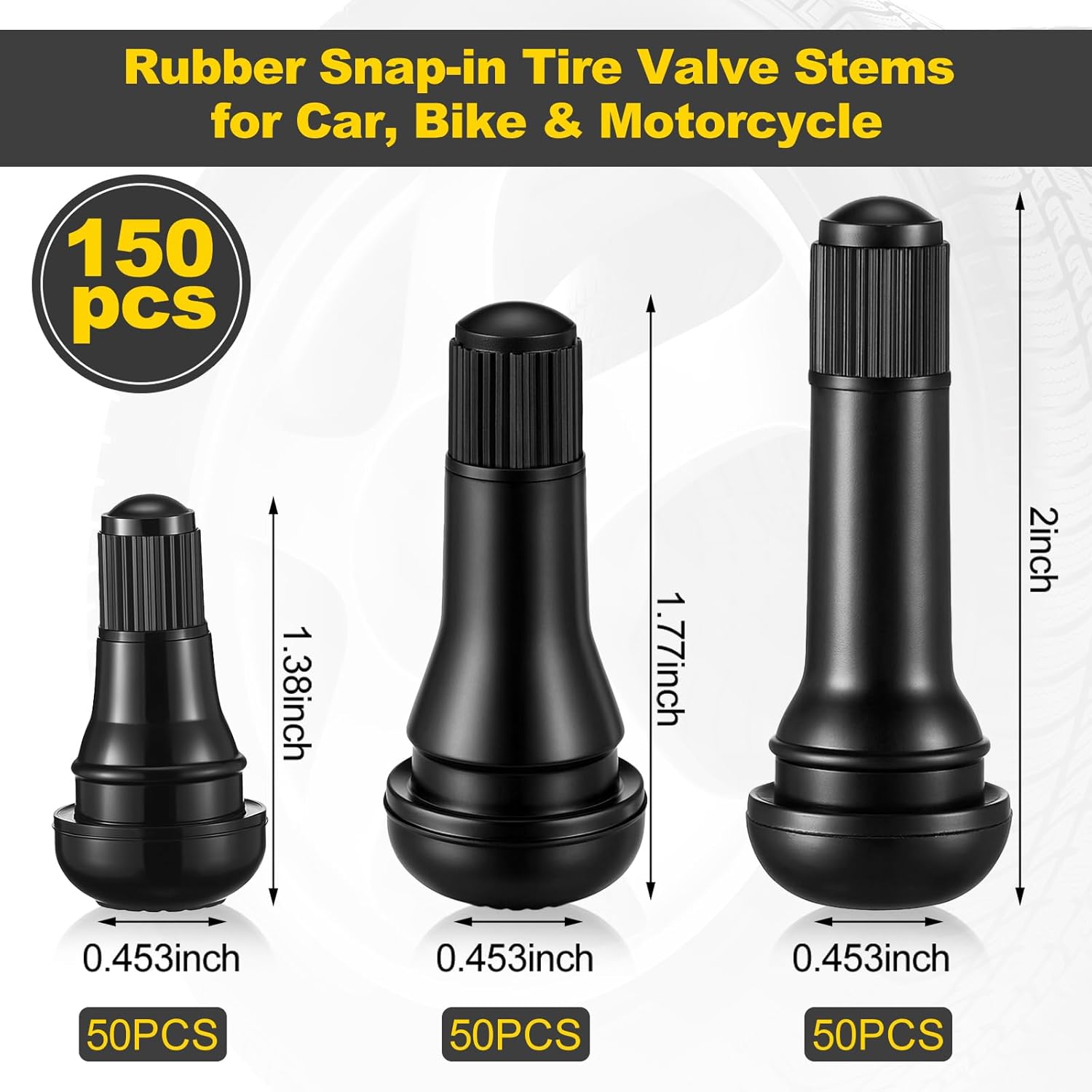 Tallew 150 Pcs Tire Valve Stems Bulk Tubeless Rubber Snap in Valves Stems Black Replacement Tool for Car Tubeless 0.453 Inch Rim Holes Standard Vehicle Tires (Tr412-50pcs,Tr413-50pcs,Tr414-50pcs)