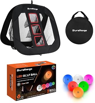 DURARANGE GlowShift LED Golf Balls & Pop-Up Chipping Net Bundle 7-Color Light-Control Balls + 3-Target Foldable Practice Net with Carry Bag Backyard Night Golf Training Gift Set