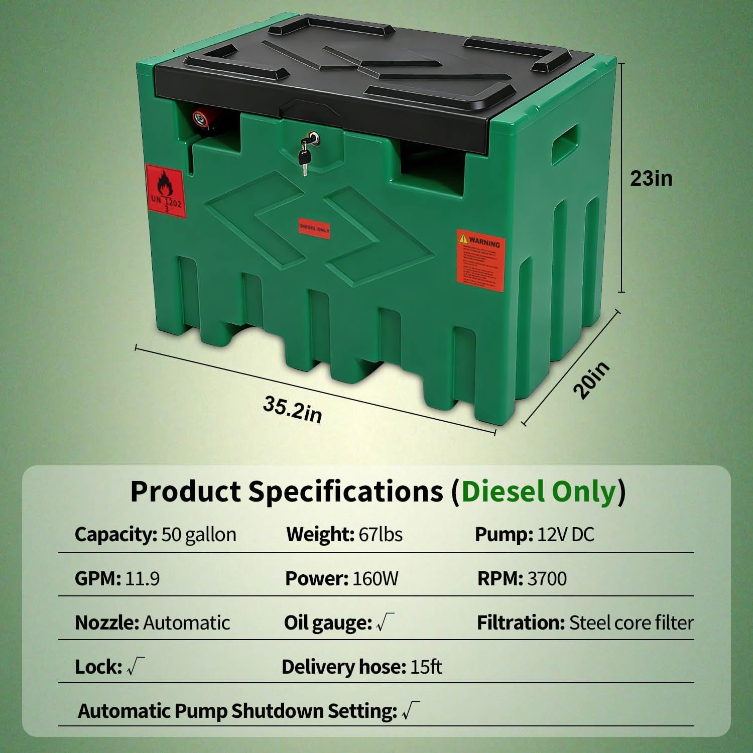 Portable 50 Gallon Diesel Fuel Transfer Tank with 12V Electric Pump, 15ft Hose, 11.9 GPM Flow Rate