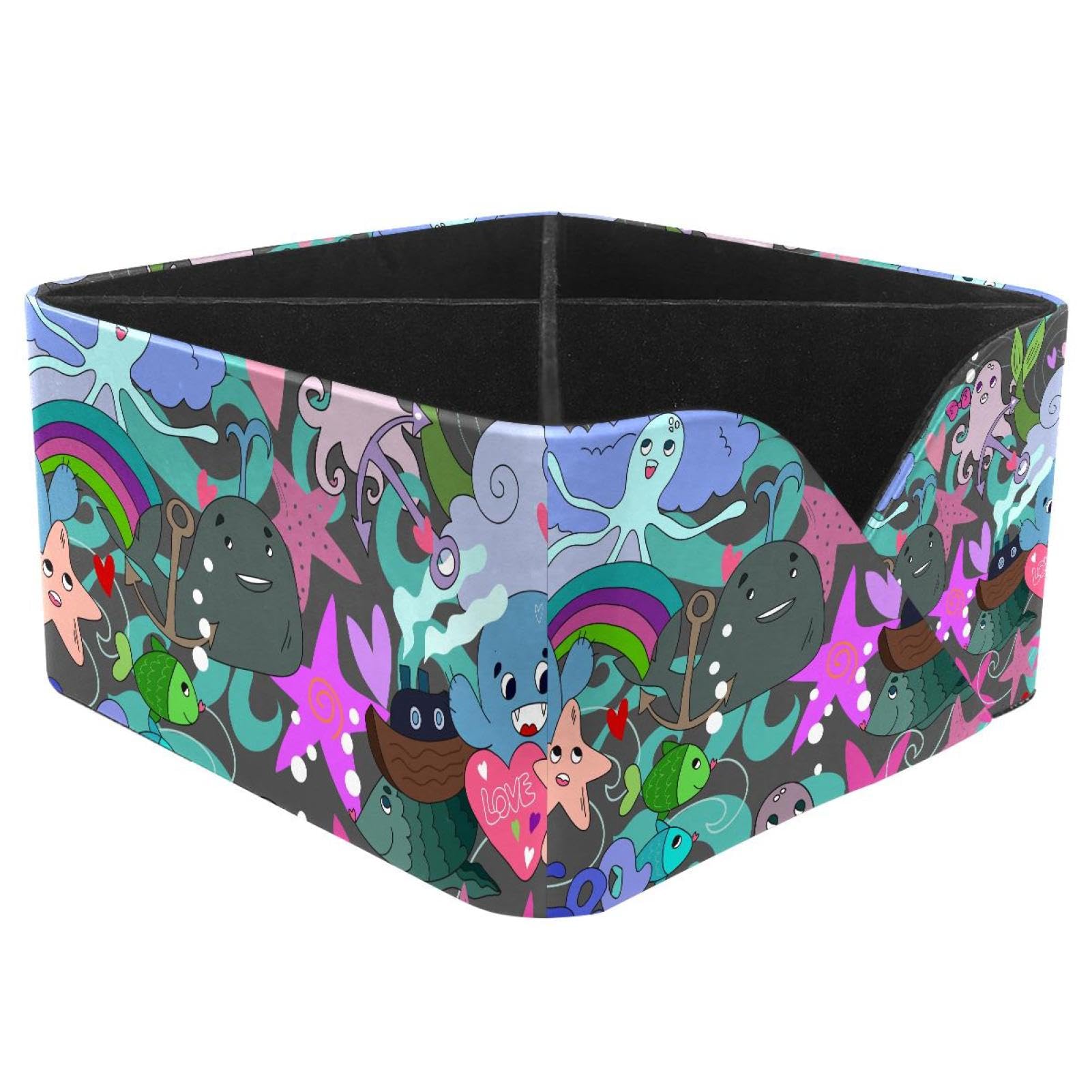 KengjuTesu Cute Fish Whale Octopus Starfish Pattern Desktop Organizer Pen Holder, Rectangular Pencil Cup for Office, Study and Makeup Stations
