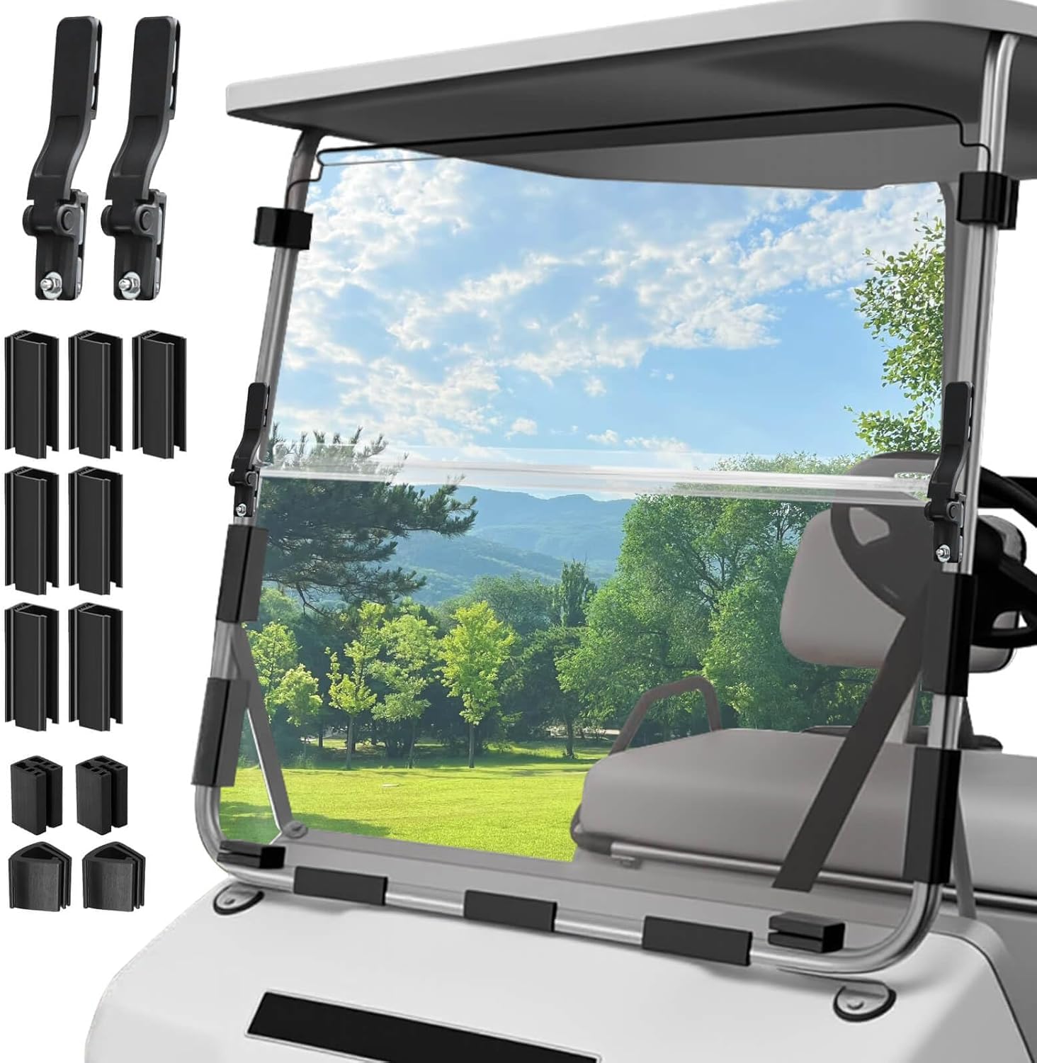 5MM Thick Upgrade PC Foldable Club Car DS Windshield with Heavy Duty Hinges Only Fit for 1982-2000.5 Club Car DS with 1" Straight Struts Rail, Anti-UV Impact Resistant Golf Cart Windshield Clear