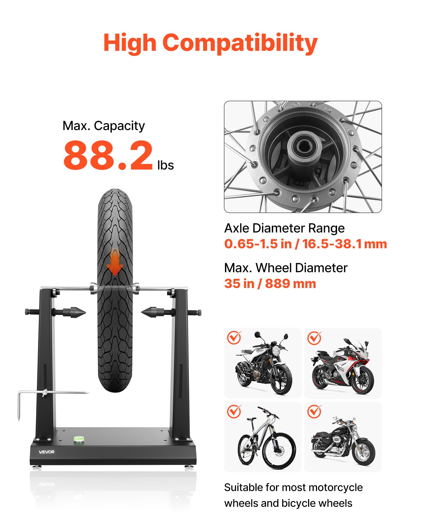 VEVOR Soporte de Equilibrado de Neumáticos para Motocicleta, Carga de 40 kg, con Conos de Centrado Ajustables y Puntero de Centrado, para el Montaje de Neumáticos para Ruedas, 490 x 300 x 545 mm