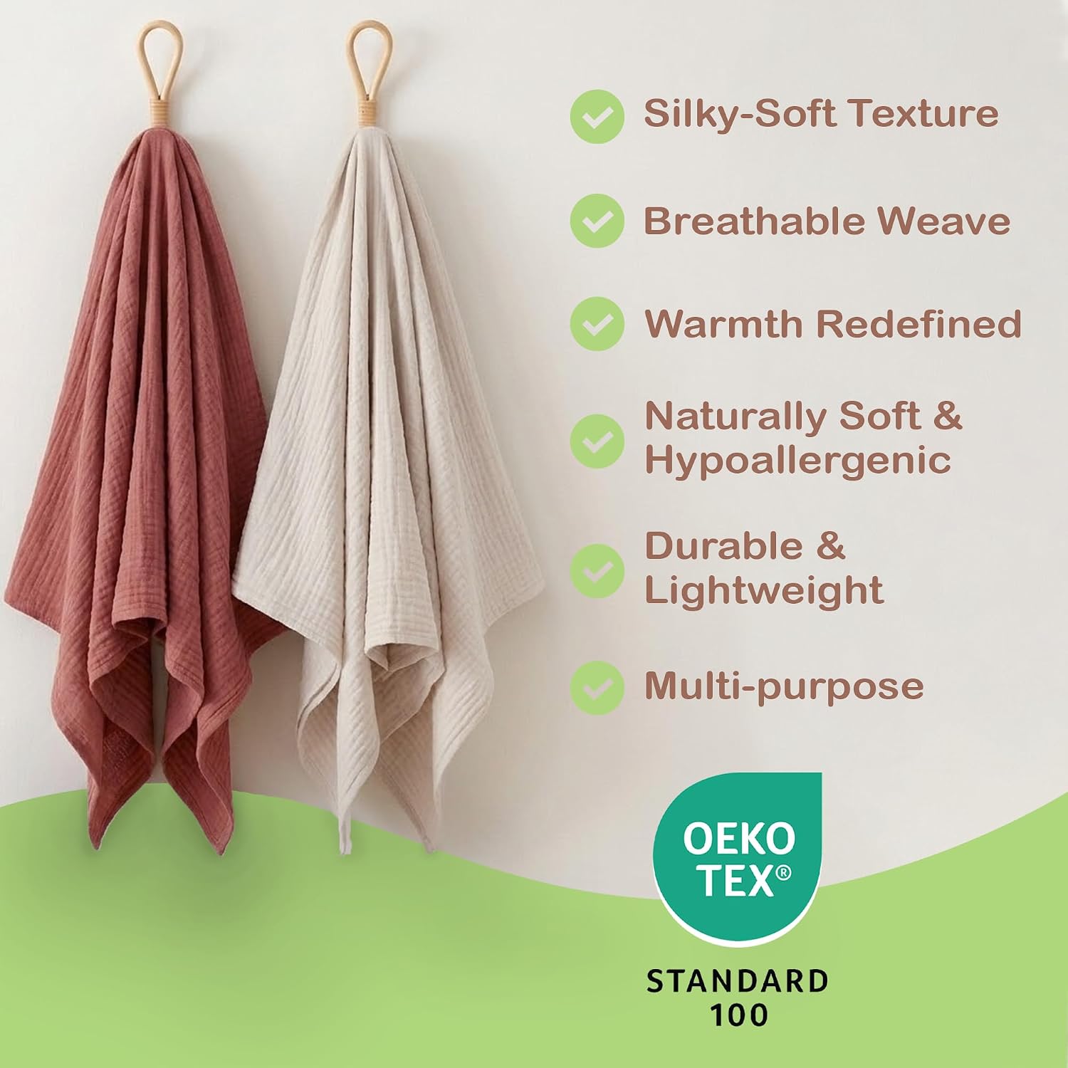 100% Organic Cotton Muslin Baby Blanket - 47 x 47 Inch Breathable Swaddle Blankets, Hypoallergenic Double-Layer, Soft and Cozy Newborn Baby Blanket for Sleeping and Everyday Use (Rust/Ivory)