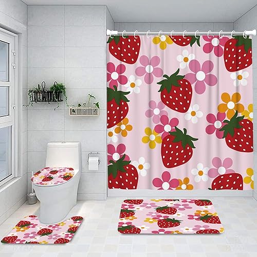 Miniatura 8 de Juego de 4 cortinas de ducha, diseño retro de los años 70 con alfombras y accesorios, juego de decoración de baño, 72 x 72 pulgadas Flores