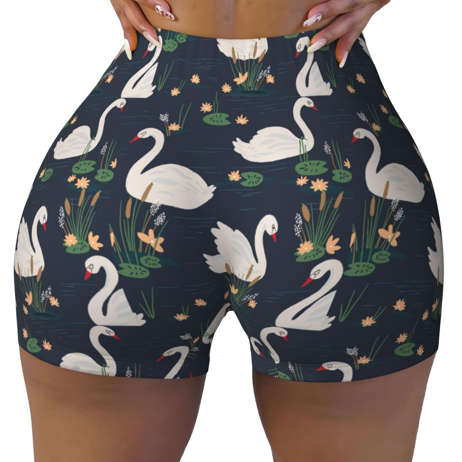 Beautiful White Swans on The Lake Print Elastic Women's Workout Short Shorts Running Yoga Fit Seamless High Waist Stretchy