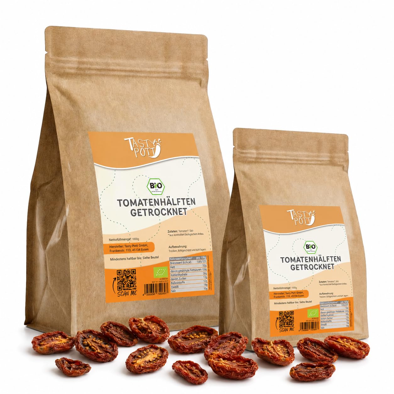 Tasty Pott Bio Tomatenhälften getrocknet I Sonnengetrocknete Tomaten I Vegane Ernährung I Für Pizza Salate Anti Pasti I Gemüsesnack I Gemüse I Tomaten I Im Beutel 1000g (3x1000g)