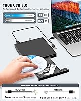 Vista 4 de ROOFULL Unidad externa de CD/DVD-RW con lector de tarjetas SD y puertos USB, USB 3.0 Tipo-C CD ROM Reproductor de DVD Grabador Unidad de disco