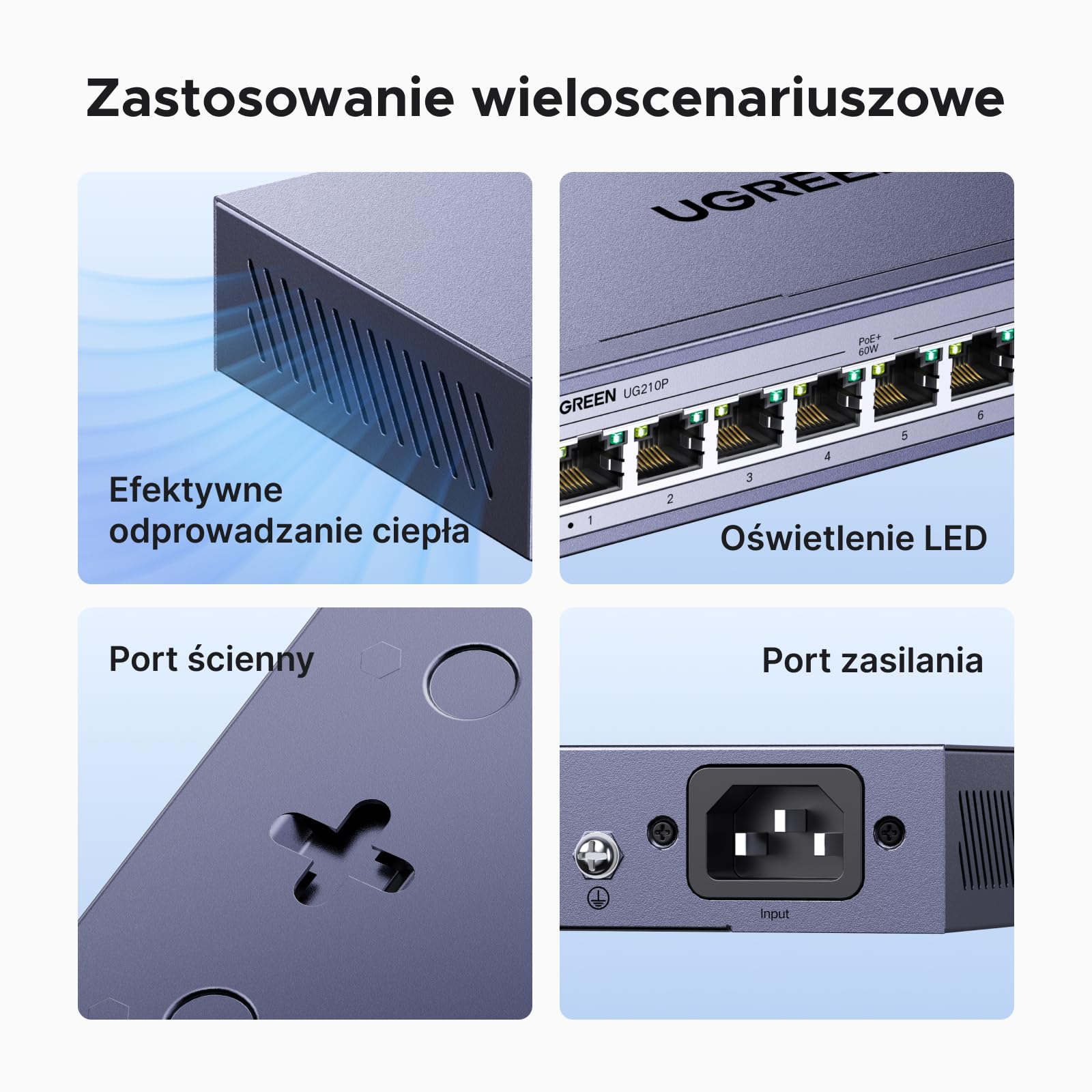 UGREEN Przełącznik sieciowy Gigabit PoE LAN z 10 portami, 8 przełącznikami PoE + 2 portami Gigabit Uplink,przełącznik sieciowy idealny do rejestratorów NVR, kamer IP，Niezarządzane