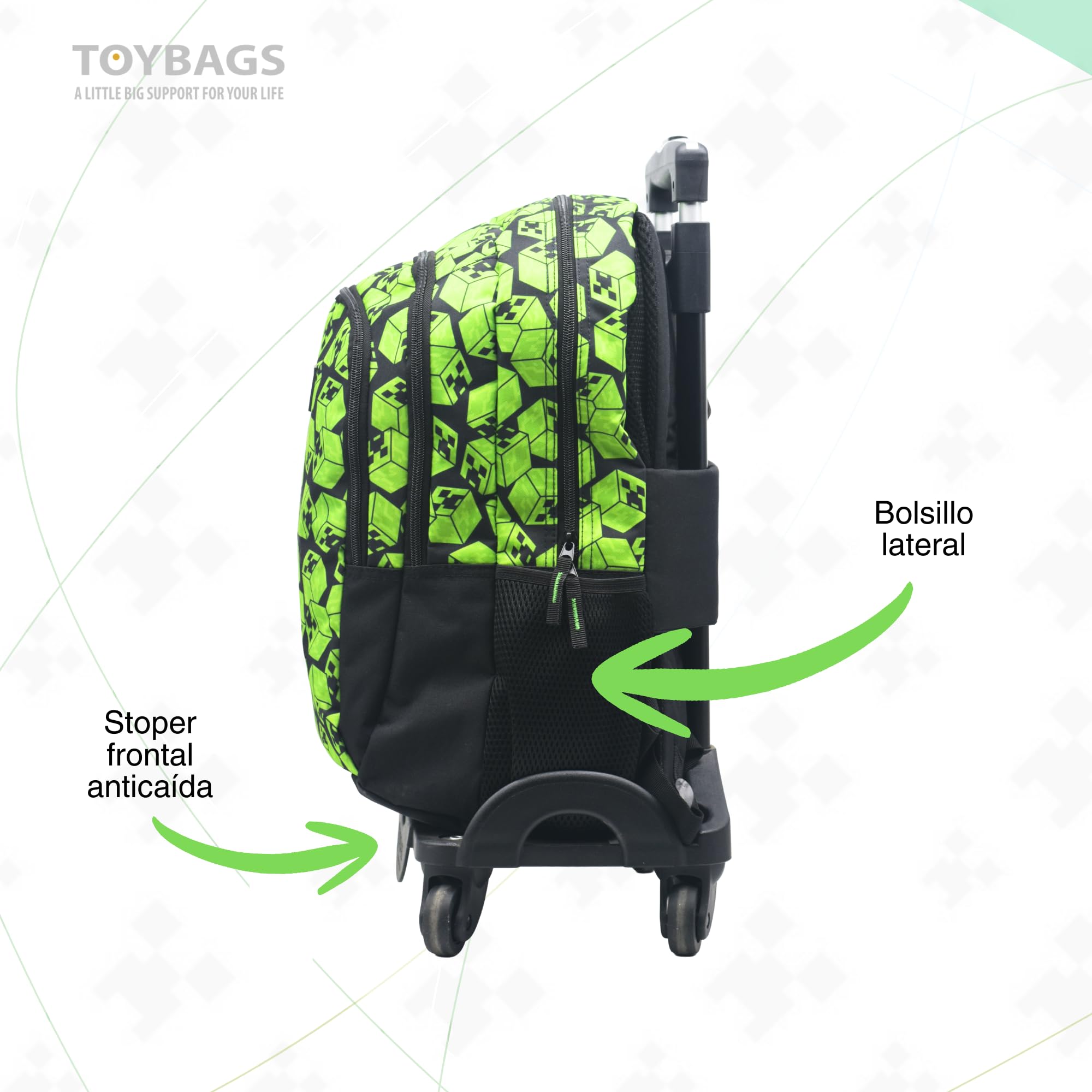 Mochila Escolar Minecraft Cubos Doble Compartimento Adaptable + CARRO NEGRO TOYBAGS CON PROTECCION LATERAL Y STOPER FRONTAL ANTI CAIDA 4 ruedas giratorias - 44 X 30 X 20 CM