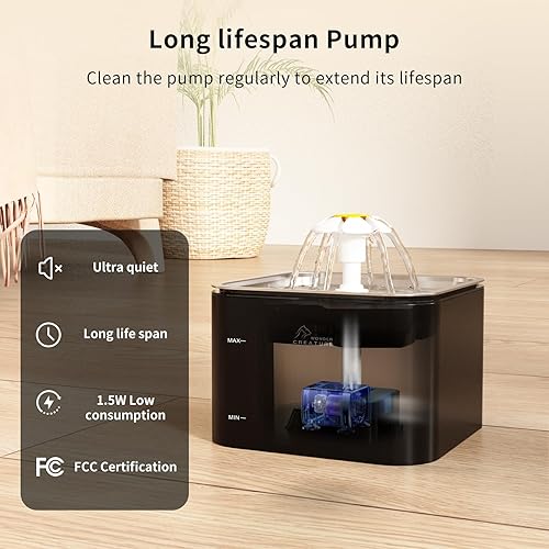 Miniatura 5 de Fuente de agua de cristal para gatos, tapa de acero inoxidable, fuente para mascotas de 101 oz3 L con luz LED para gatos y perros (negro)