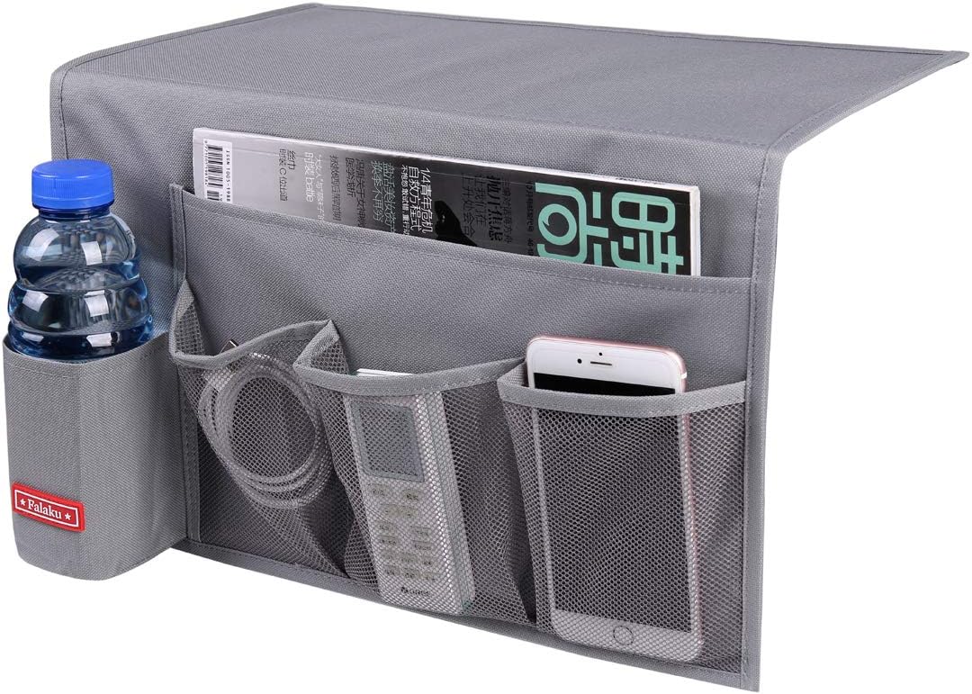 Bedside Caddy,5 Pockets Bedside Organizer Caddy Under Mattress,Holds Water Bottles,Magazines,Books (Dark Grey)