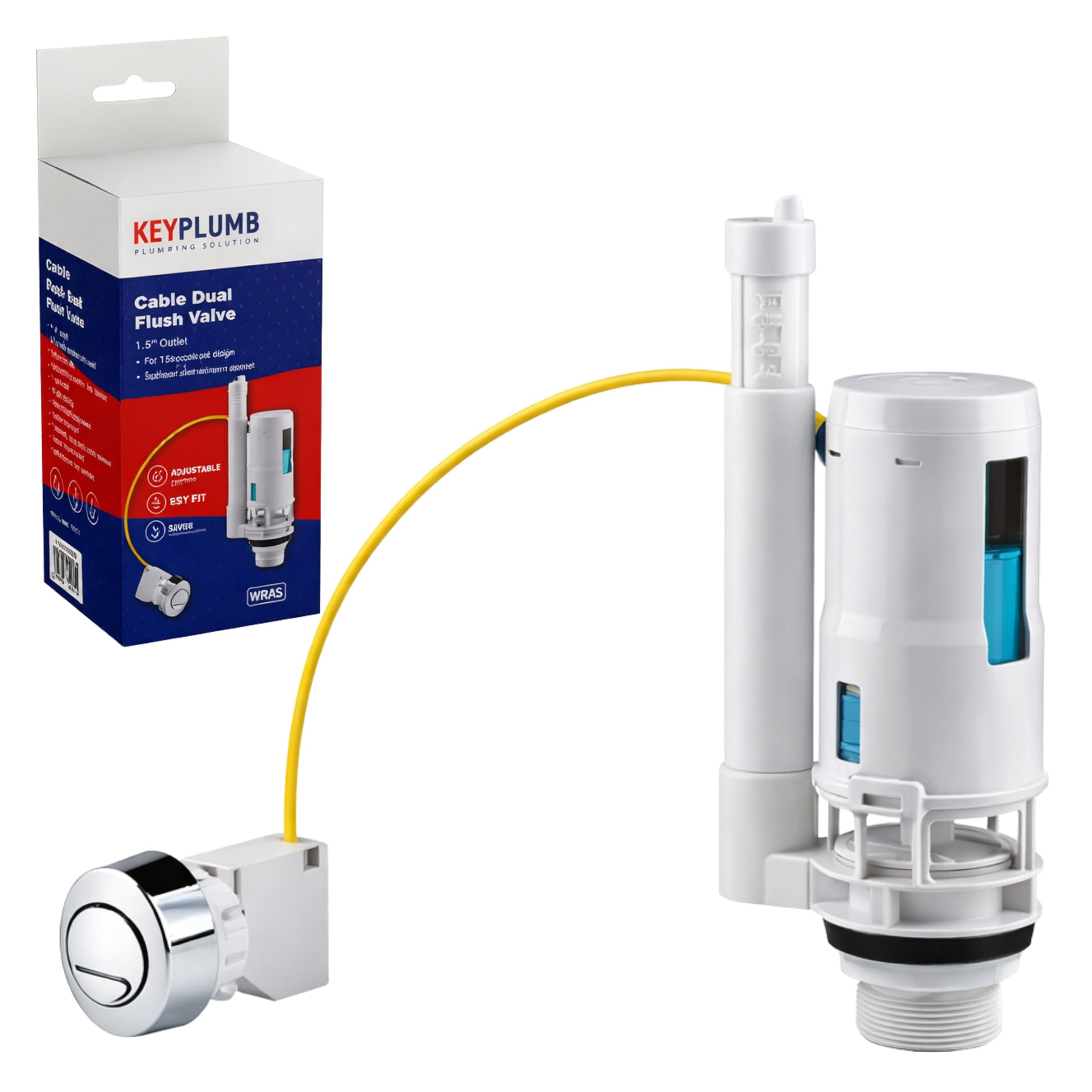 KeyPlumb 1.1/2” 350mm Cable Dual Flush Valve WRAS Approved Toilet Cistern Mechanism with 2” Adaptor, Water Saving Dual Flush System, Easy Fit Replacement Kit