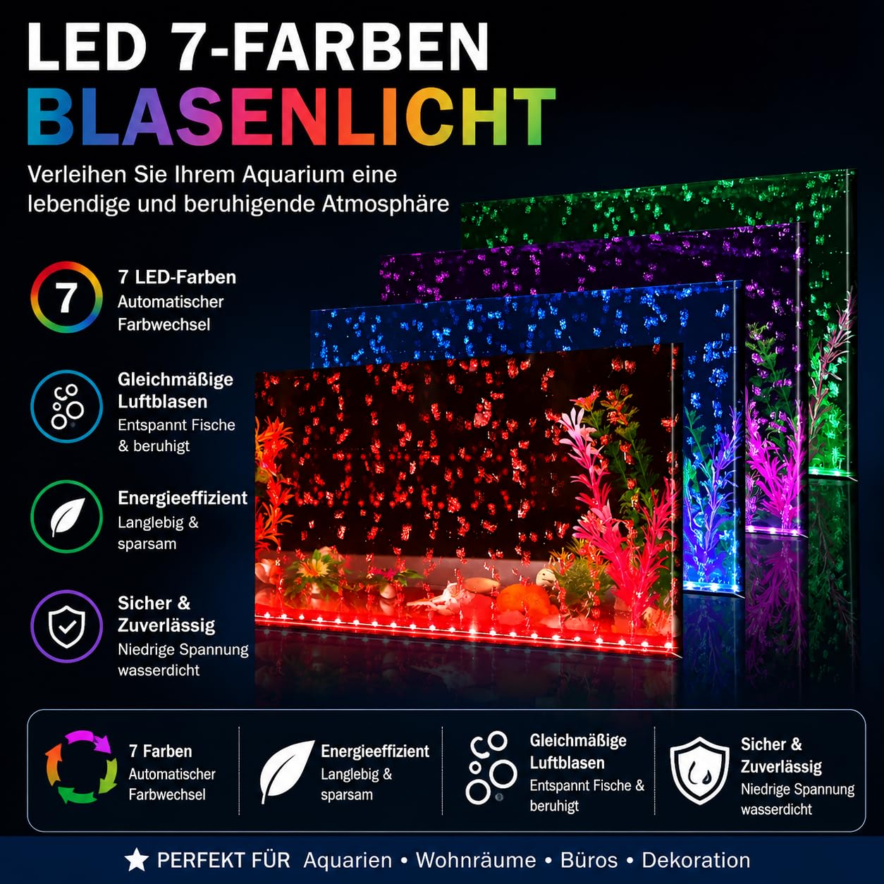 LED Sprudelstein fürs Aquarium, RGB Luftausströmer mit 7-Farben-Wechsel, tauchbare Aquarium Beleuchtung und Luftblasenleiste für Süß- und Meerwasser