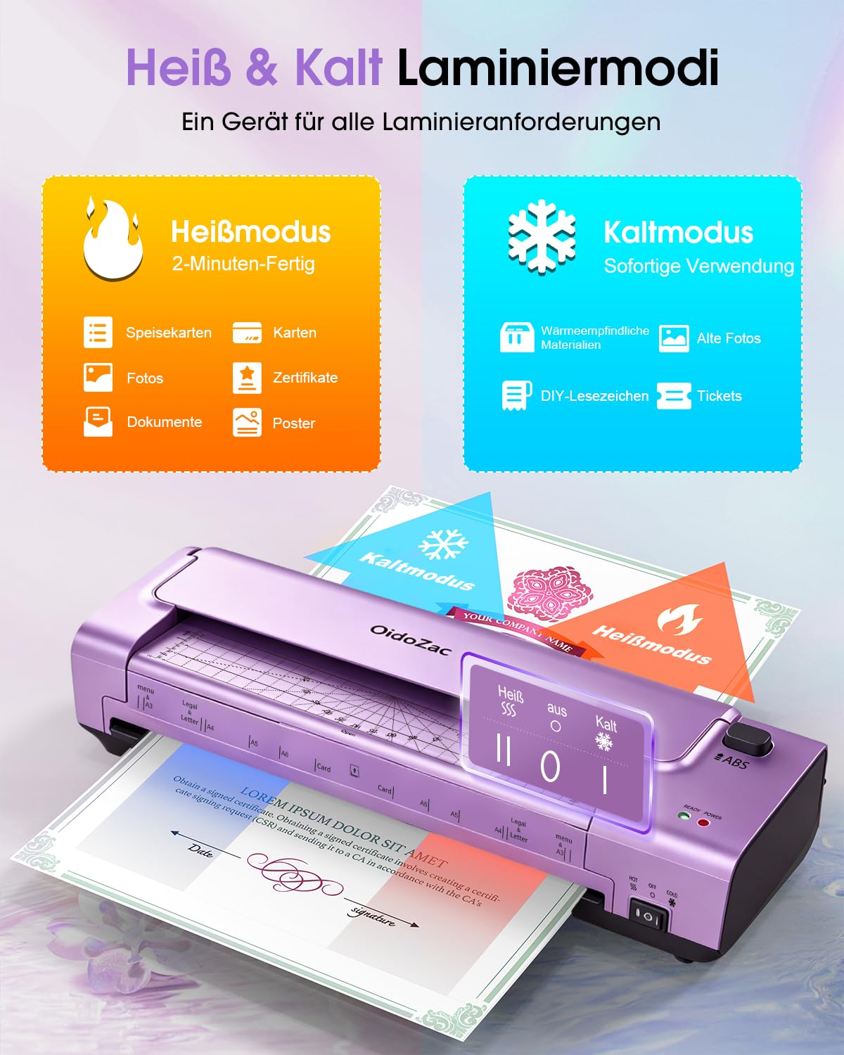 13 Zoll A3/A4 Laminiergerät, 10-in-1 Heiß & Kalt Laminiergerät mit 20 Laminierfolien, 2-Walzen-System für Professionelle Ergebnisse, ABS-Staufreigabe, für Büro, Schule, Geschäft und Zuhause, Violett