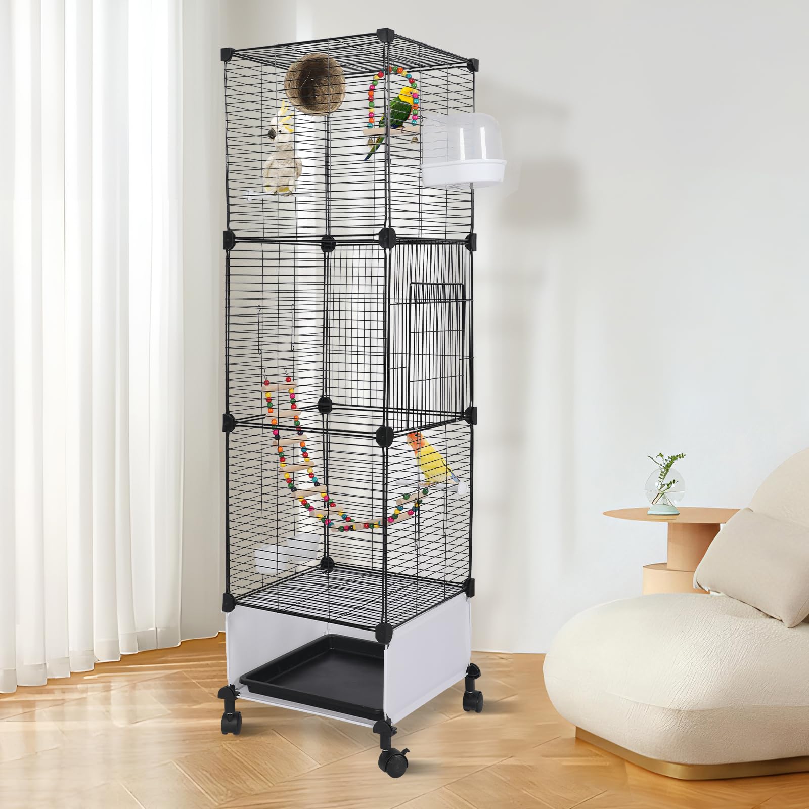 MSFE Jaula de Aves Grande, 130x37x37cm Jaula para Loros con ruedas, Jaula para Pájaros Voladera Interior con columpio, percha, para periquito, calopsitte, conure, pinzón, canario