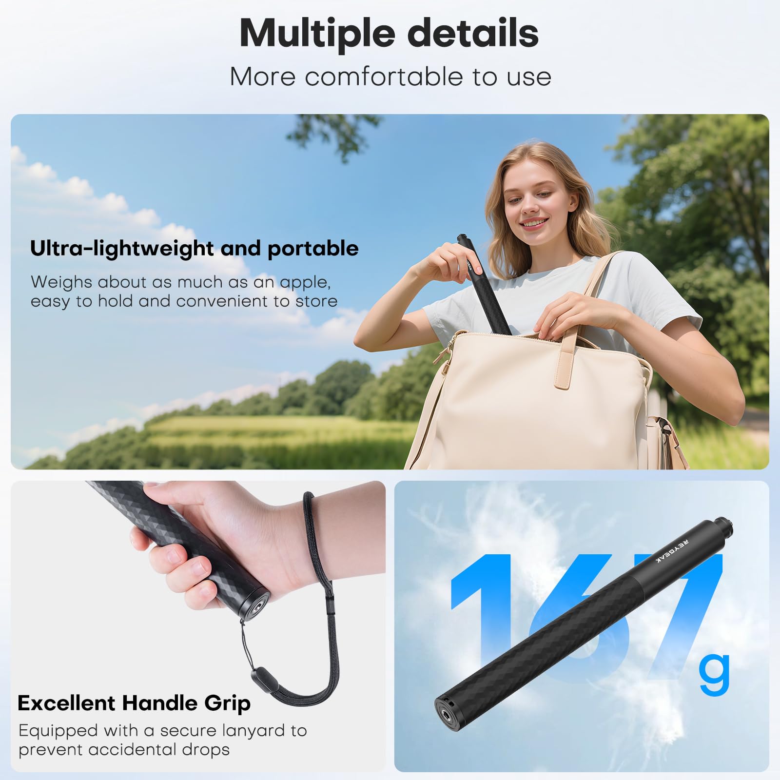 REYGEAK 130 cm kijek do selfie, aluminiowy, niewidoczny kijek do selfie, do montażu statywu z adapterem, Extendable Handheld Pole Stick Monopod kompatybilny z DJI Osmo 360/Pocket 3/Action, Insta-360