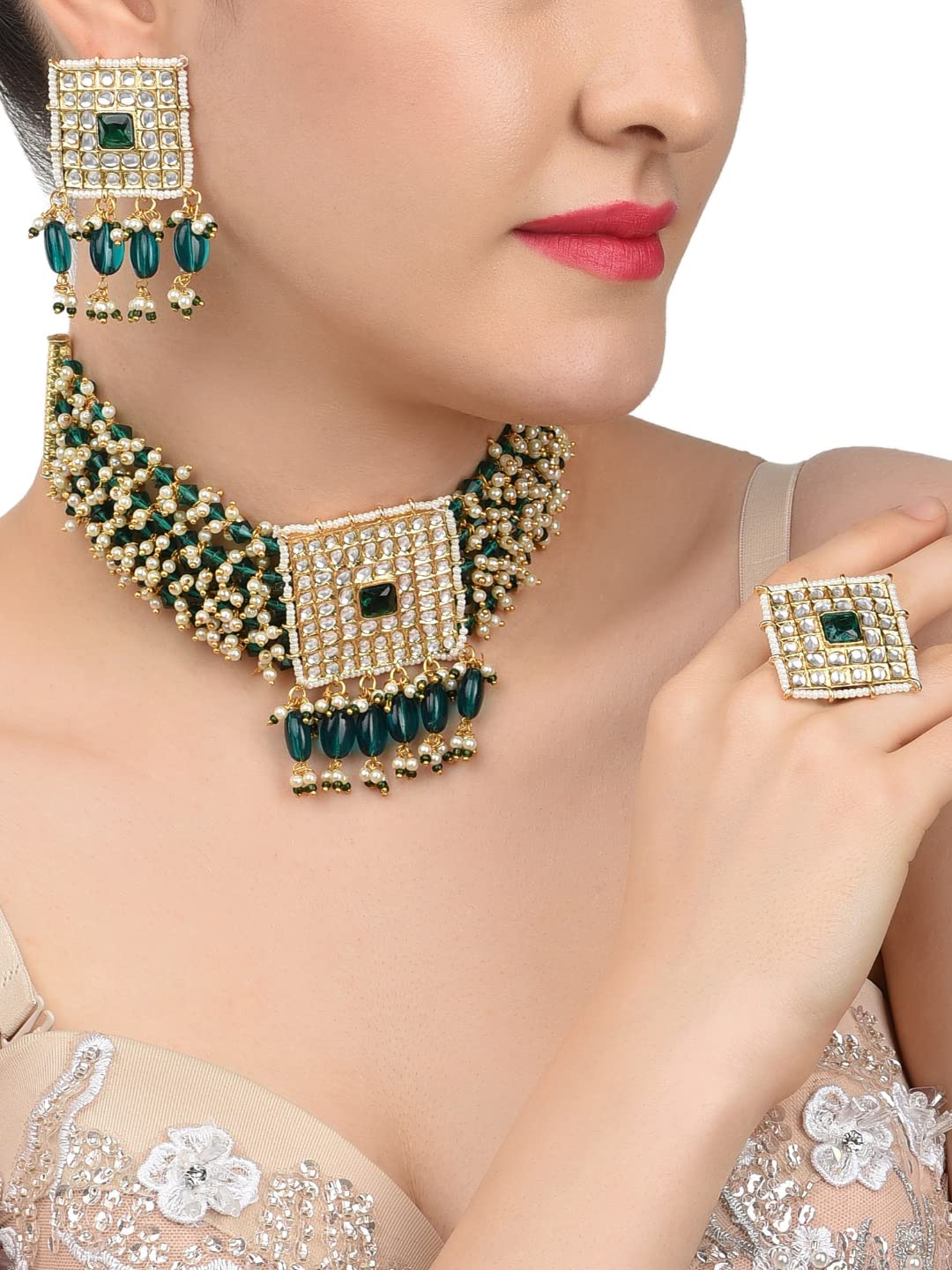 Women's Kundan Choker Necklace Earring & Ring Set