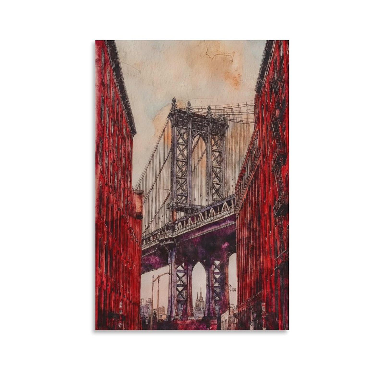 Cnaheiz Unframe-Style New York Bridge 24X36inch(60X90cm) Vintage Travel Poster Watercolor Canvas Art