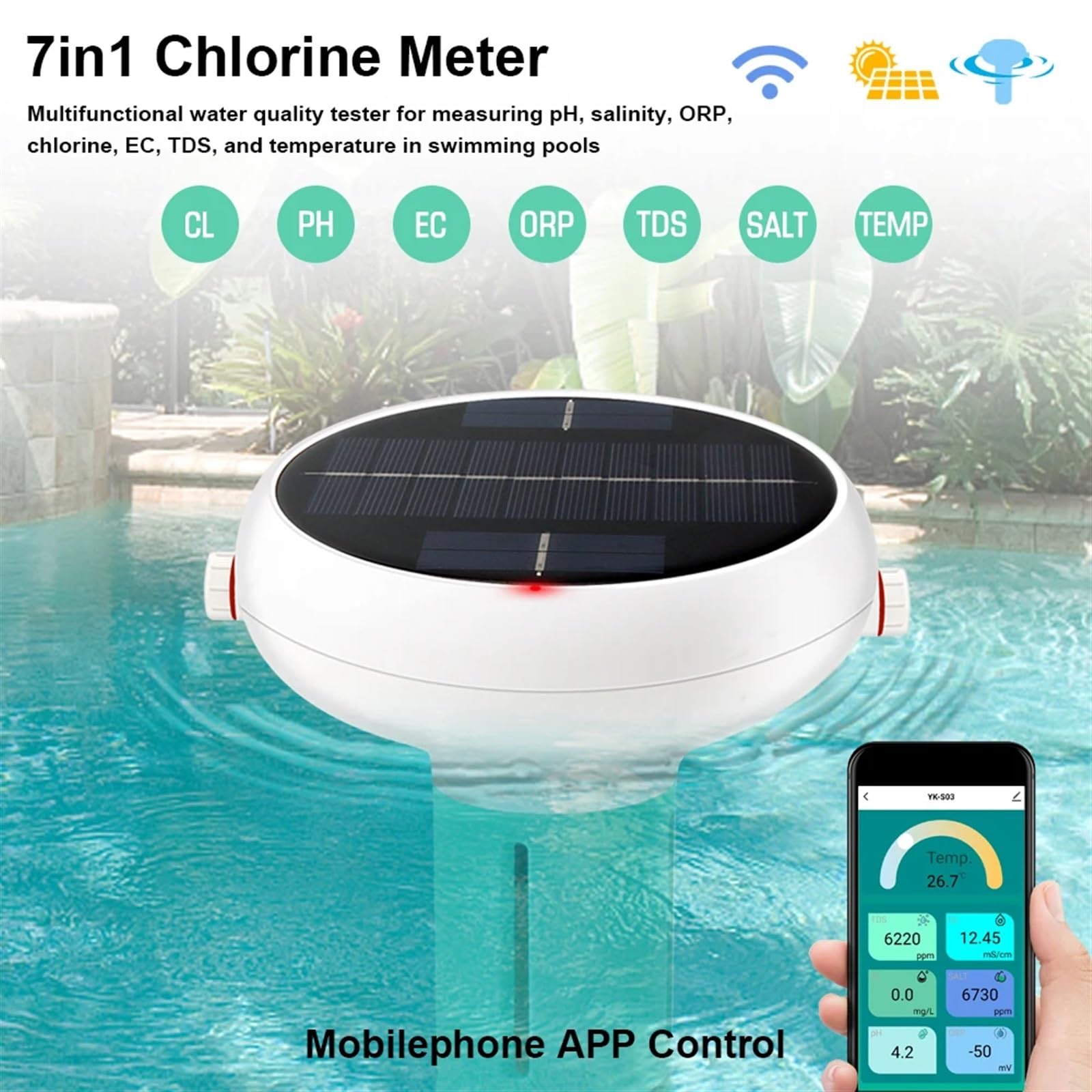 Compteur de Chlore Intelligent 7 en 1 PH ORP EC Total des Solides dissous salinité température CL testeur d'eau Piscine Jardinage, Agriculture