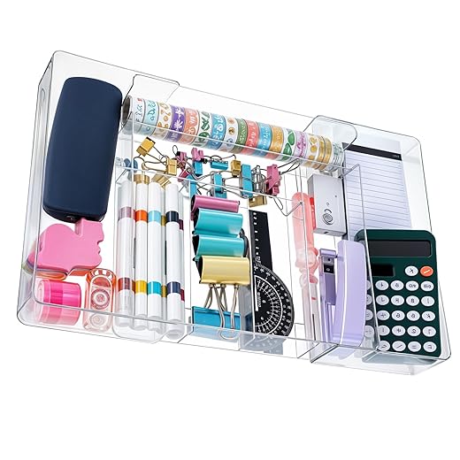 Expandable Acrylic Drawer Organizer, Clear Desk Drawer Organizers Tray with 8 Adjustable Compartments Multifunctional Desk Accessories for Vanity, Office, Kitchen, Bathroom