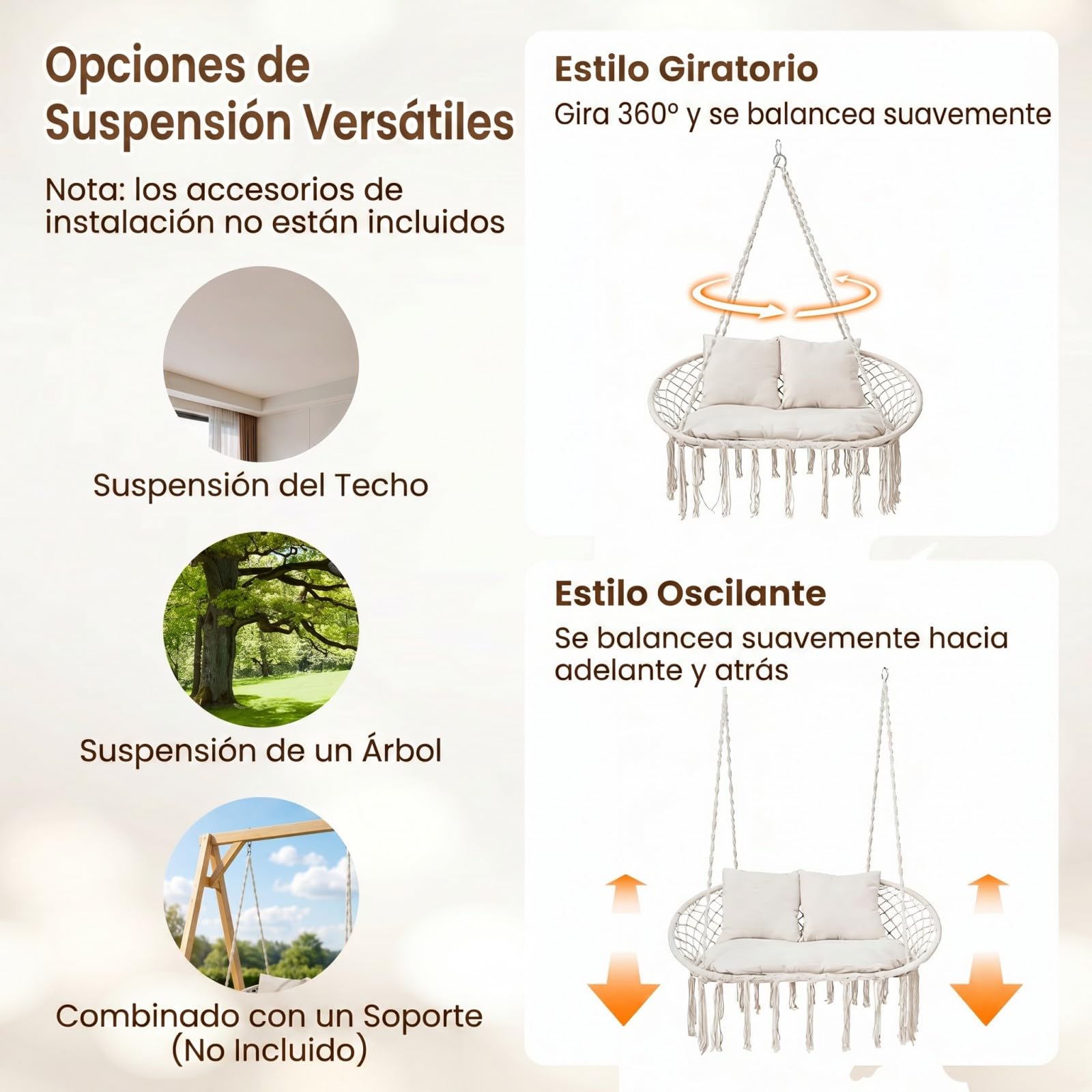 COSTWAY Silla Hamaca Colgante, Columpio de 2 Plazas con Flecos, Cojines y Estructura Metálica, Asiento Doble de Estilo Bohemio, Uso Interior Exterior para Patio Balcón Porche, Carga 250 kg, Beige