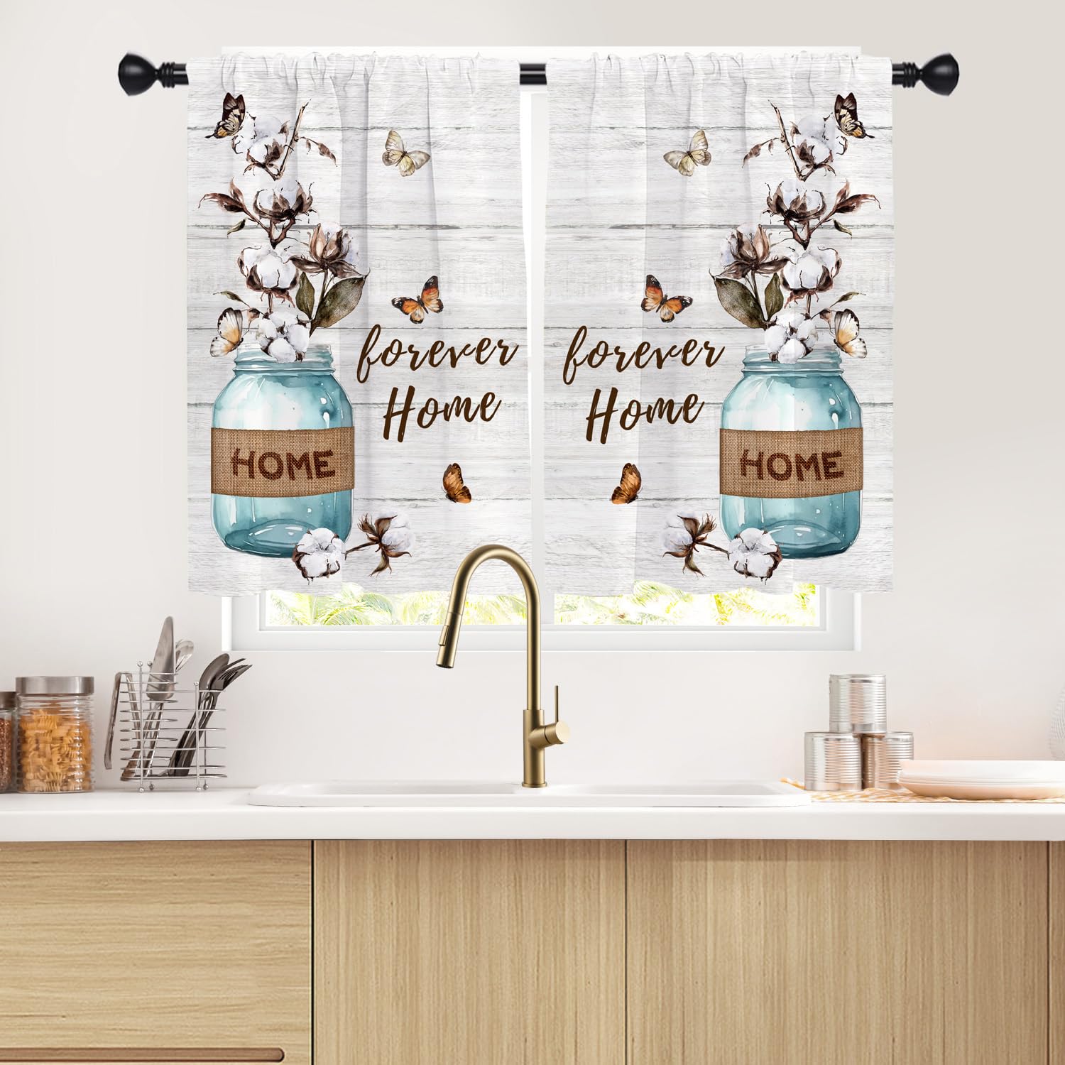 RTFEVG Farmhouse Kitchen Window Curtain Panels Short Small Cafe Mini Teal Aqua Turquoise Floral Brown Vintage Retro Drapes Rod Pocket 27.5x39 Inches Bedroom Curtain Set for Living Room Bathroom Decor