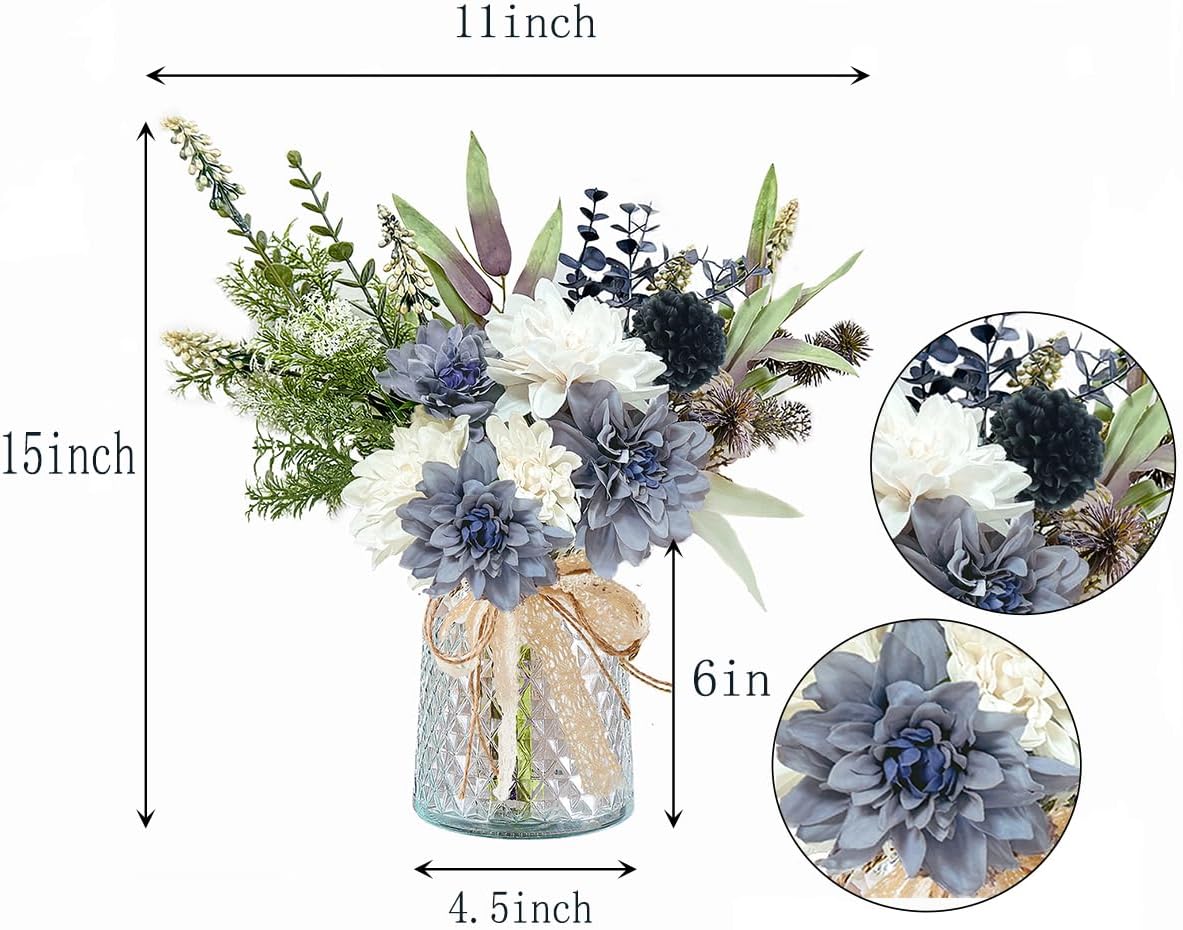 Wracra Artificial Flowers in Vase, Silk Fake Flowers in Vase, Faux Flowers Table Centerpieces for Dining Room, Bathroom Farmhouse Kitchen Coffee Table Decor (White Blue Dahlia) - Image 2