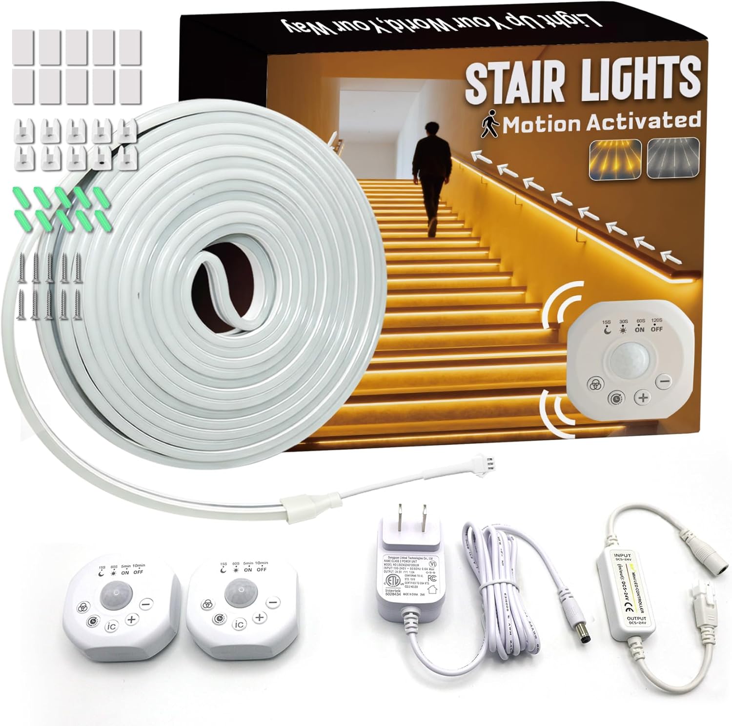 Motion Sensor LED Strip Lights - Chasing Effect Auto ON/Off for Stairs, Bedroom, Under Cabinet - 16.4ft White, Easy Peel & Stick Install