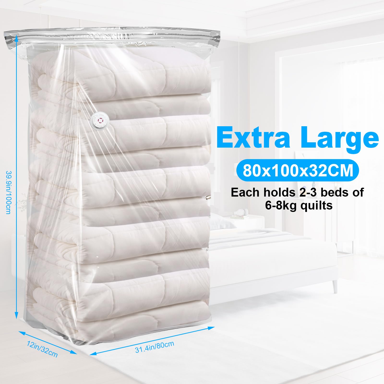 AKOLAFE Paquete de 8 bolsas de almacenamiento al vacío para ropa, bolsas de vacío extragrandes, bolsas de almacenamiento al vacío para viajes, ropa, edredones, almacenamiento de mantas, 80 x 100 x 38