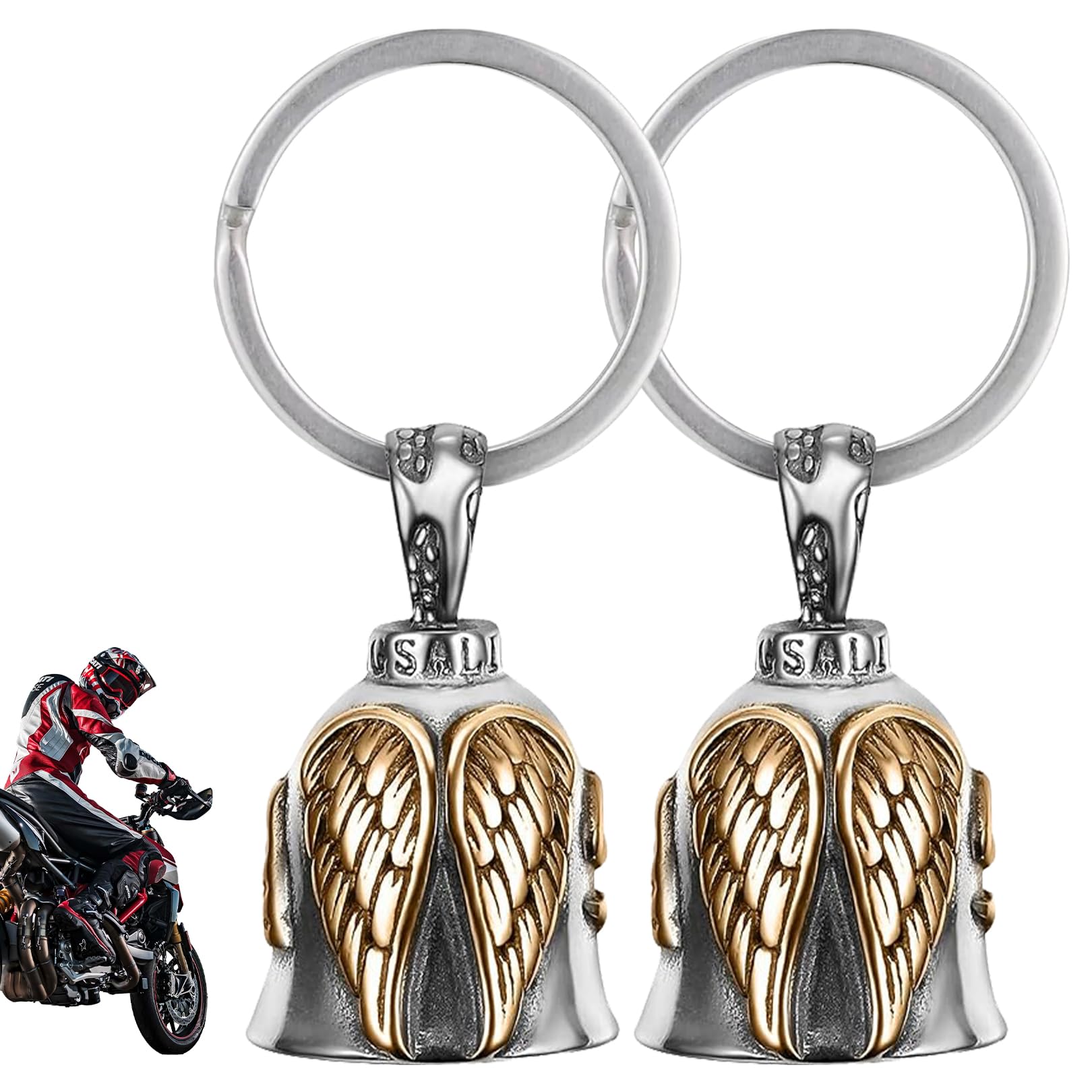 SHPUJUN Guardian Bell Motorrad Glocke Glücksbringer,Biker Bell Motorrad Glöckchen,Schlüsselanhänger Bells Biker Glocke,Klingel Aufhängung Motorrad-schutzglocke (2 gold Flügel)