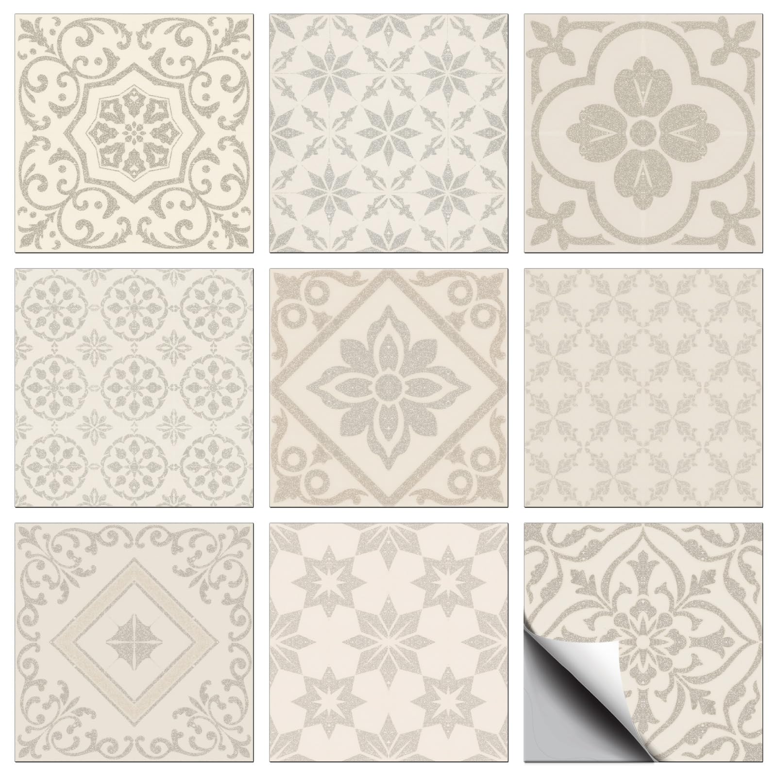 CONCHLERY 36 Pcs 9 Styles Beige Patten Tile Sticker Wall Tile Stickers Geometric Retro Matte Texture Waterproof Self Adhesive Stick on Decals for Kitchen Bathroom Wall Art 4×4 Inch — image 1