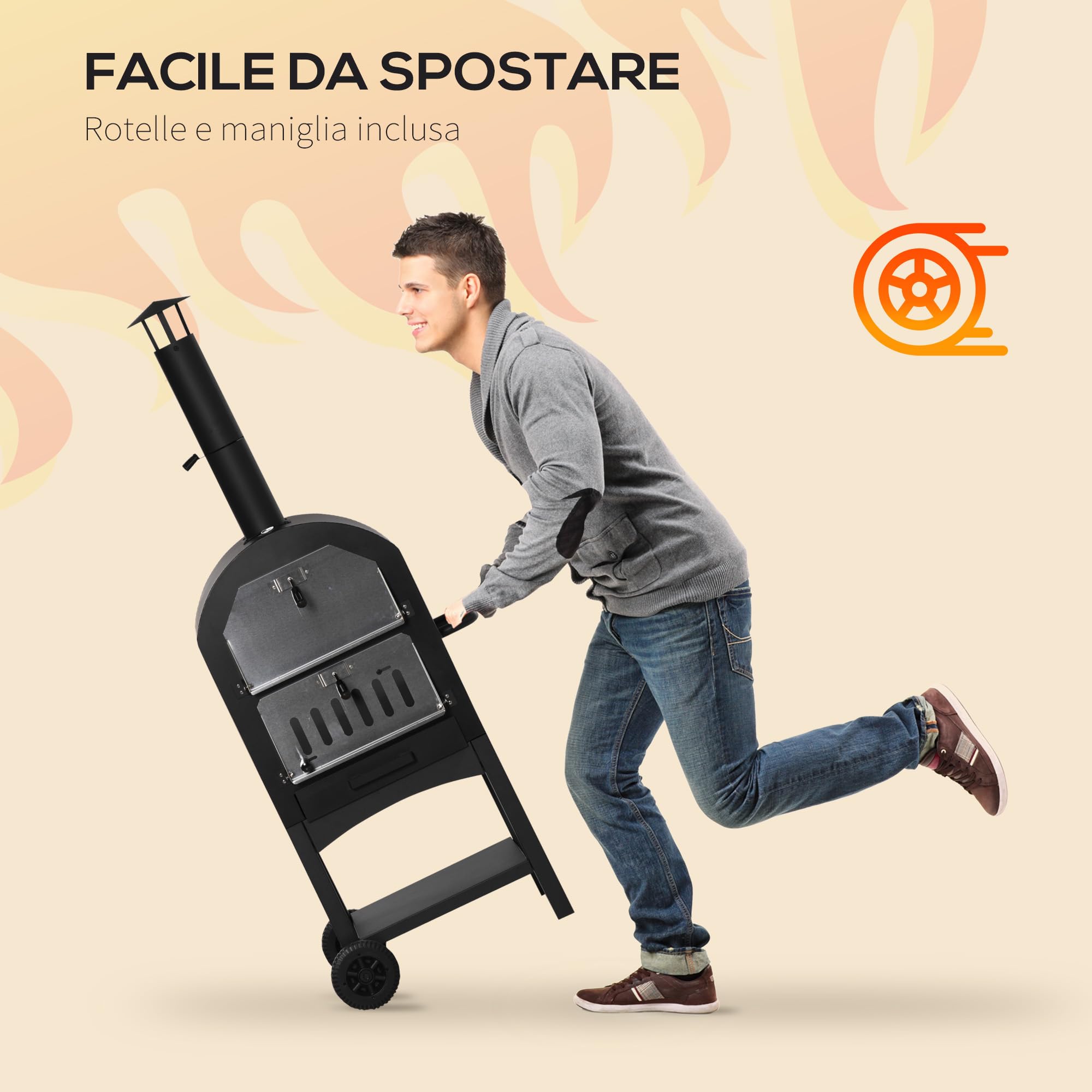 Outsunny Forno per Pizza e Barbecue a Carbone Portatile, Forno a Legna per Esterno con Ruote in Acciaio con Camino e Ripiano Inferiore, 63x54x161 cm, Nero