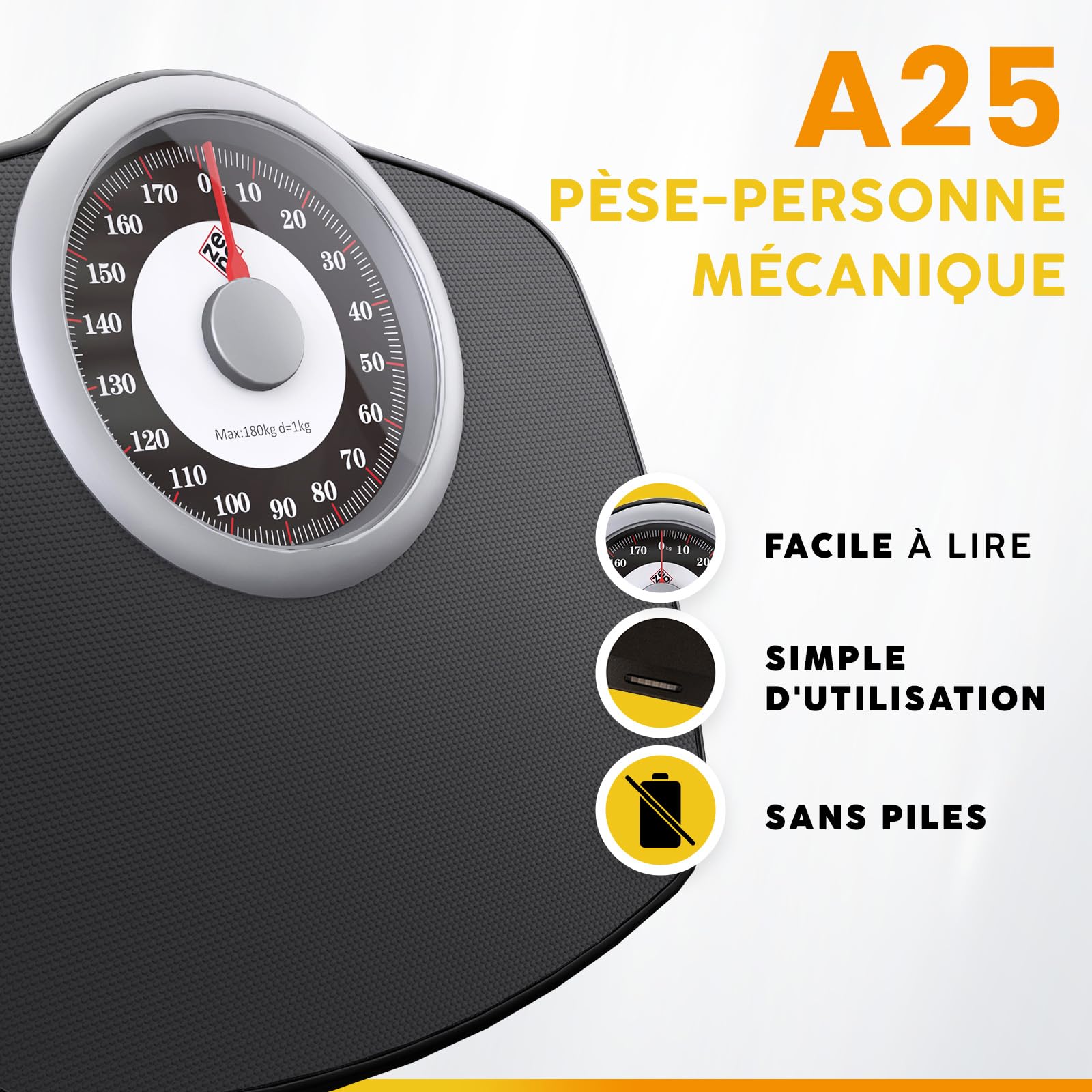 Zeno A25 Pèse-Personne Pour Poids Corporel - Jusqu’à 180 KG - Cadran 5,3” Sur Plateforme 31x30 CM - Surface en Caoutchouc Antidérapant - Pèse-Personne Analogique - Durable Avec 20 Ans de Garantie
