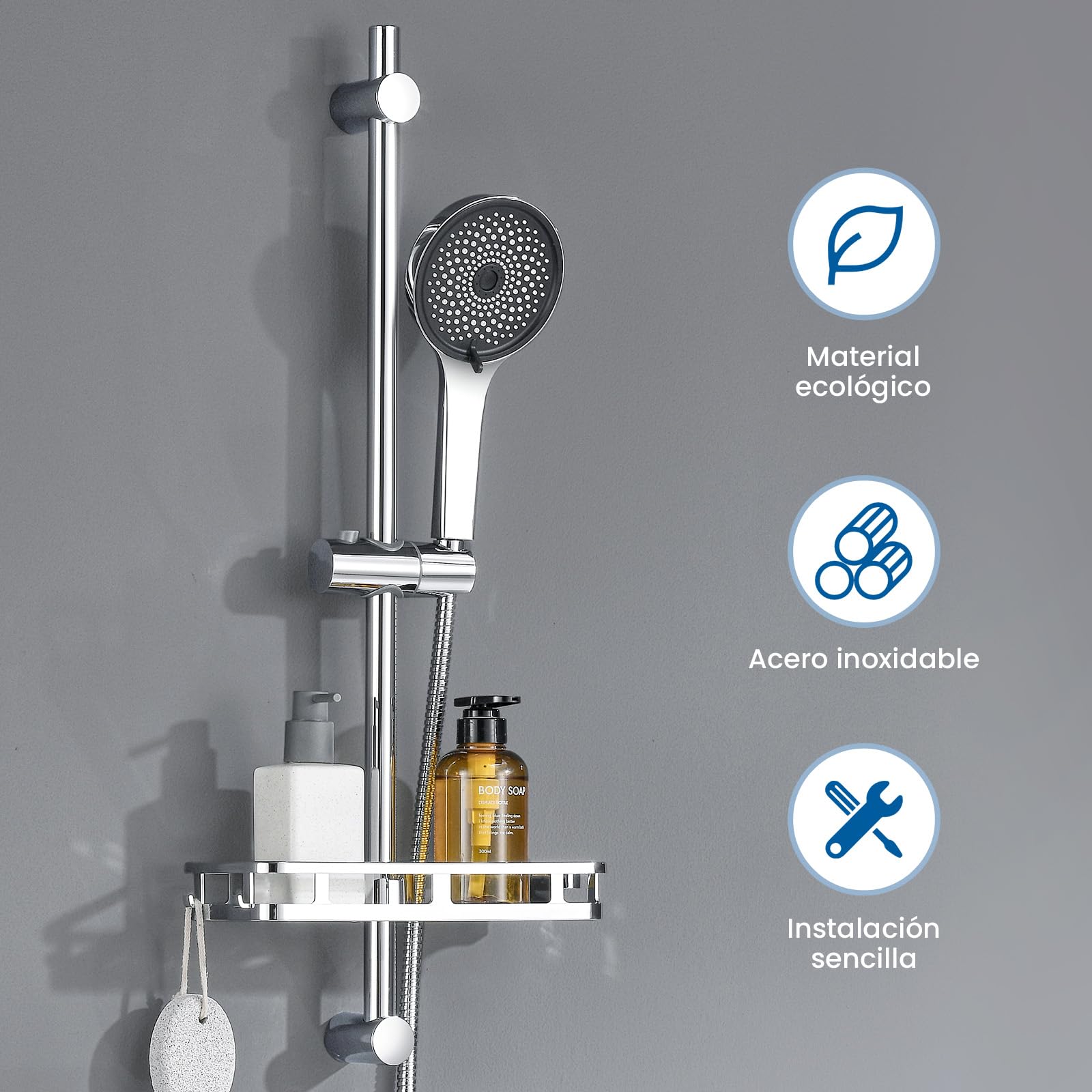 Auralum Barra de Ducha de Acero Inoxidable 70cm con Estante y Alcachofa de Ducha 5 Modos, Columna Ducha Sin Grifo Soporte Ajustable y Flexo Inoxidable de 150cm, Compatible con Orificios Existentes — view 2