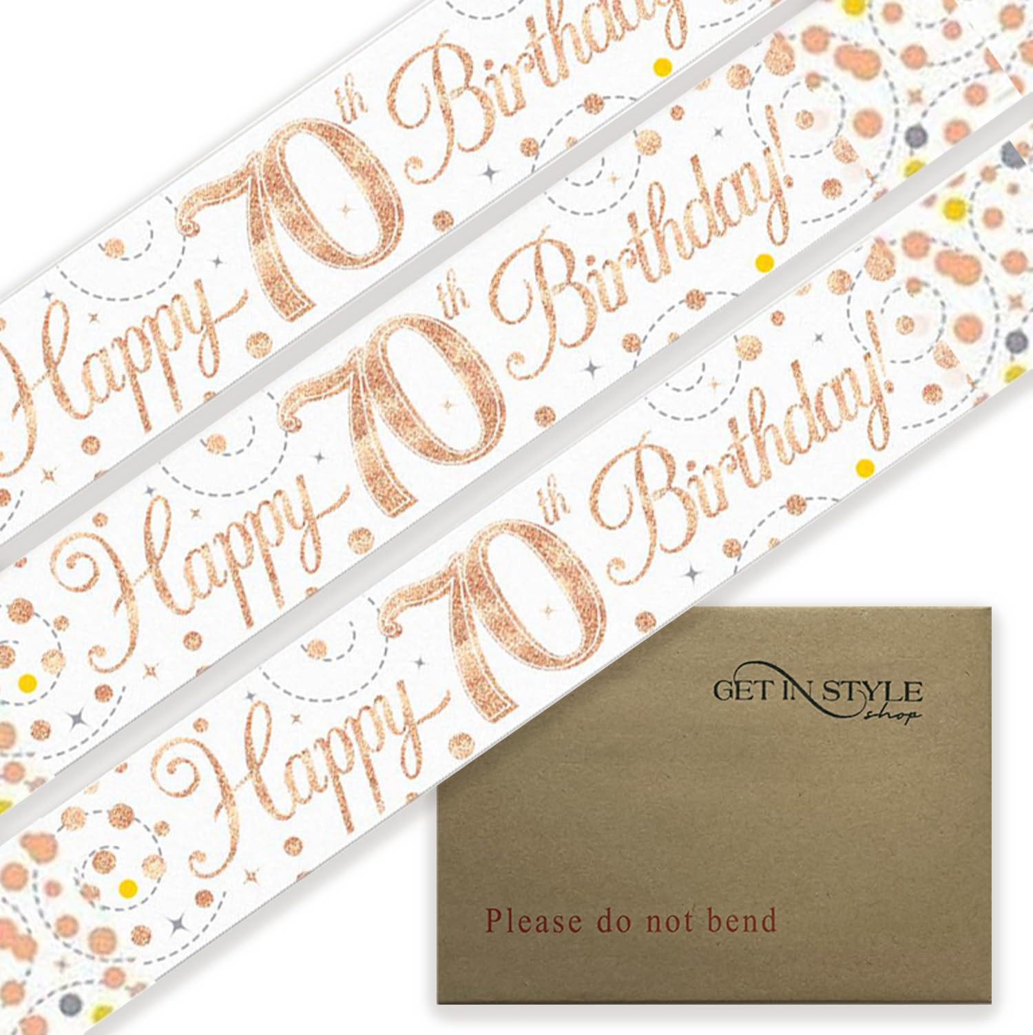9ft Banner Happy 70th Birthday Sparkling Fizz White & Rose Gold Holographic Foil Pennant (274cm)