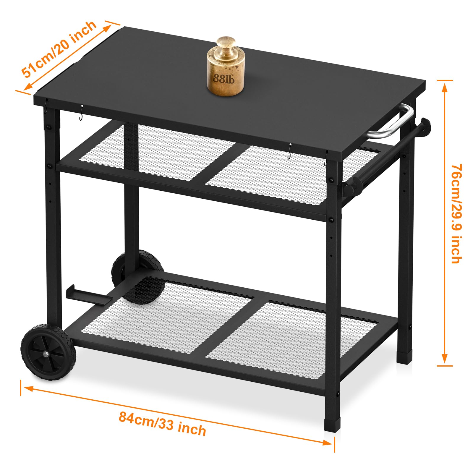 Carro de barbacoa al aire libre - Mesa portátil para horno de pizza con ruedas, mesa de comedor para exteriores con dos estantes de malla para fiestas en casa, camping, exteriores
