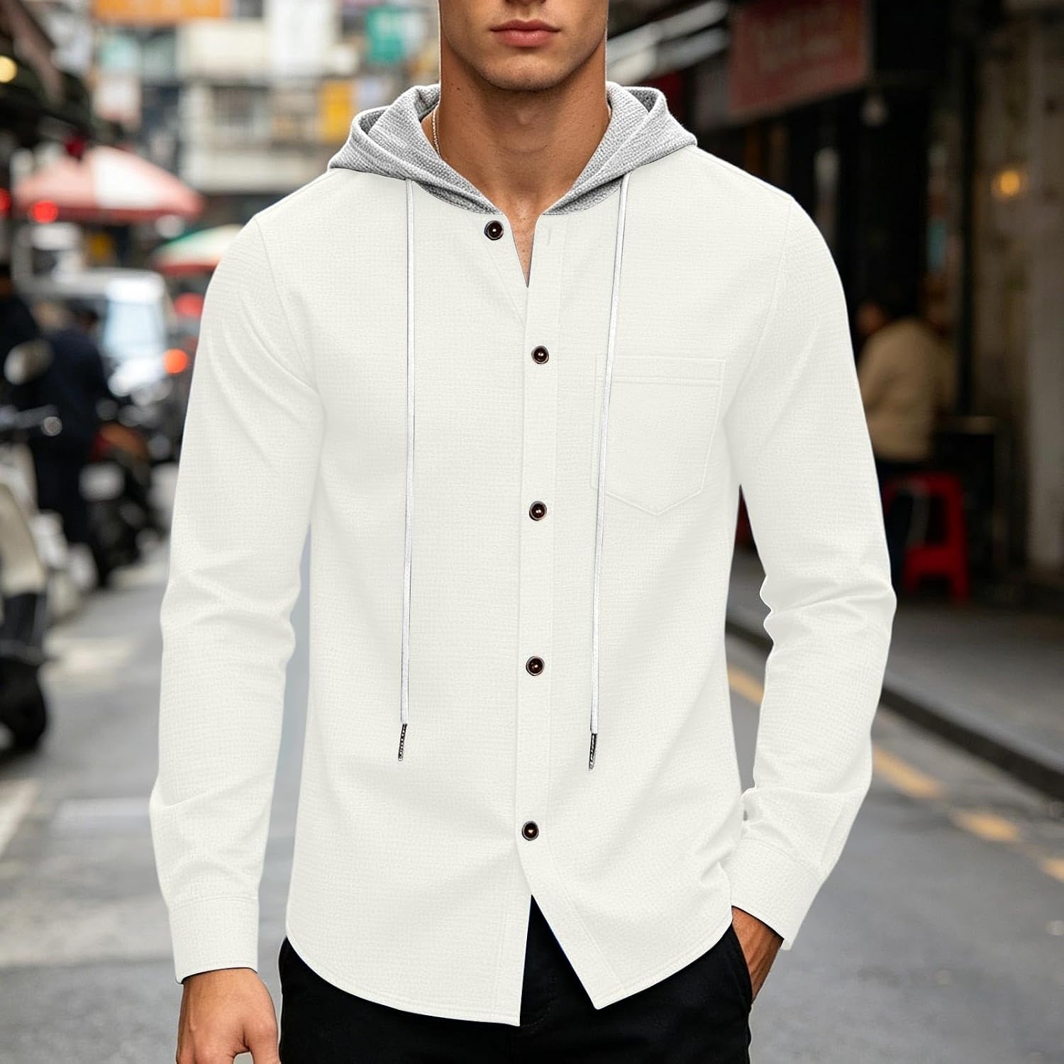 Hoodies for Men Button Down Waffle Sweatshirt Jackets | Men's Lightweight Athletic Jacket Casual Loose Fit Coat Long Sleeve Color Block Jacket Stylish Fall Coat with Chest Pockets