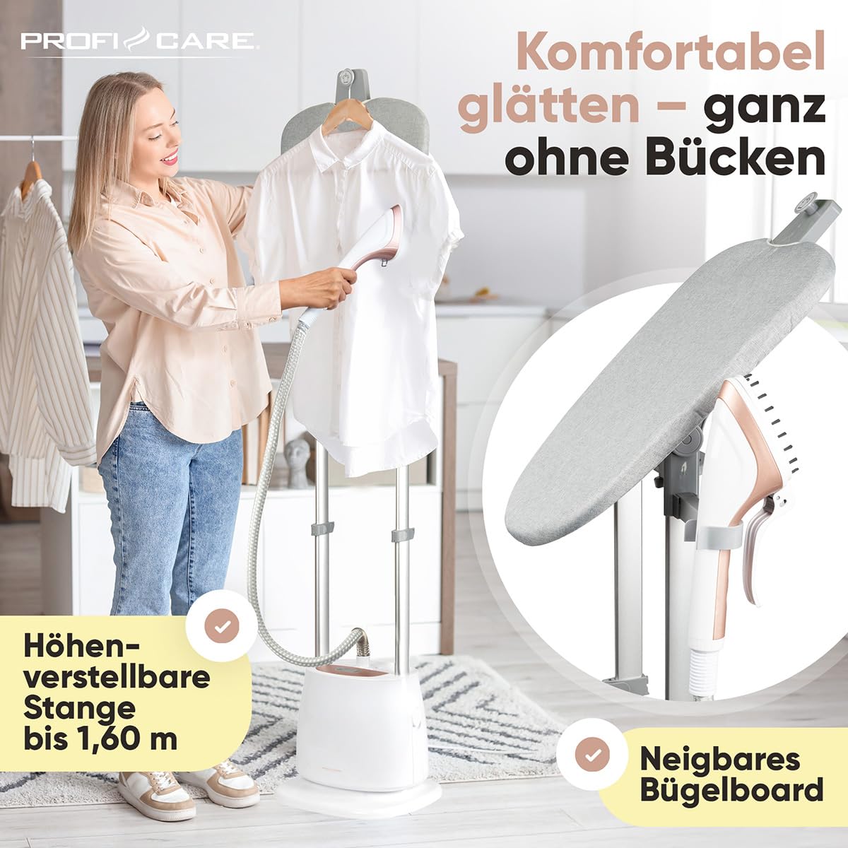 Proficare, Parowiec PC-TDC3128 Biały, 1580 W, 1,5 l, autonomia 40 min, 5 poziomów pary, drążek teleskopowy z możliwością regulacji do 1,60 m, funkcja pary w pionie i poziomie