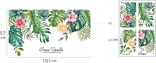 Miniatura 5 de Calcomanías de pared de hojas tropicales, removibles, palmeras verdes de la selva, plantas de árbol, flores, calcomanías de pared para sala de