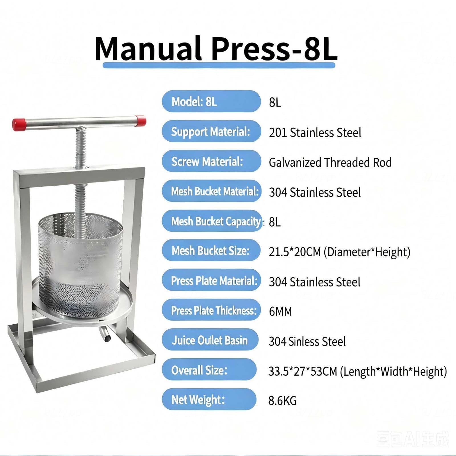estrattore di miele acciaio inox Pressa Manuale per Miele in Acciaio Inox manual honey press extractor Attrezzatura apicoltura per Uva Frutta e Verdura Uso Domestico,8L