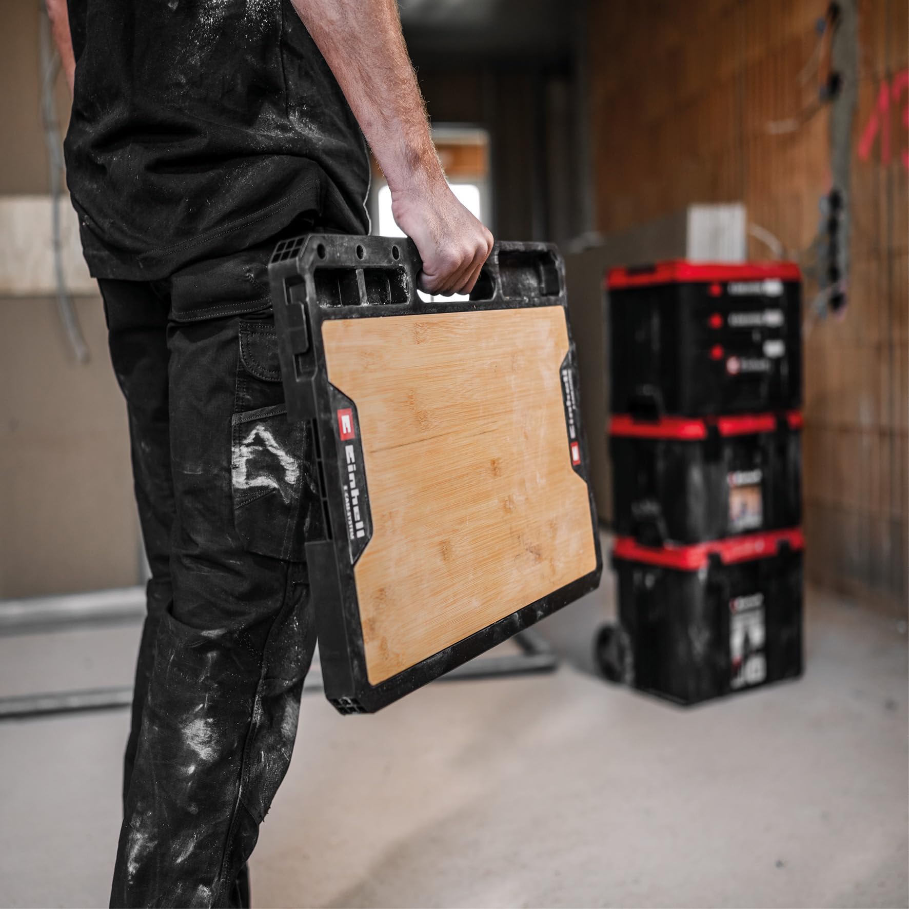Original Einhell E-Case Arbeitsplatte (50 x 36 x 4,2 cm, max. 84 kg Nutzlast, Einhell E-Case System, robuster Bambus, Mobile Werkbank, Tragegriff, Zubehörhalterungen)