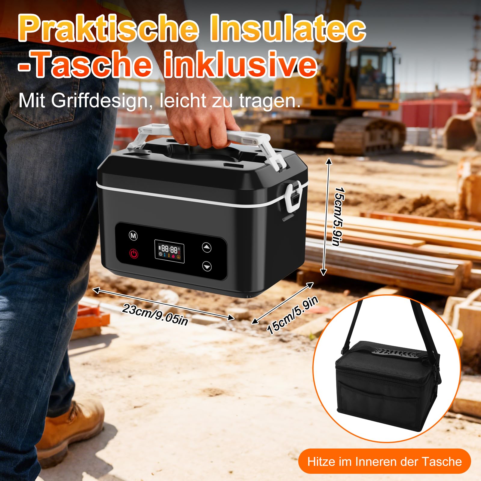 Elektrische lunchbox hermobehälter für Essen mit Akku – 24000 mAh,1,3 L beheizbare lunchbox,3D-Vollflächenerwärmung & Temperaturkontrolle –lunchbox elektrisch Ideal für LKW,Büro und Reisen (schwarz)