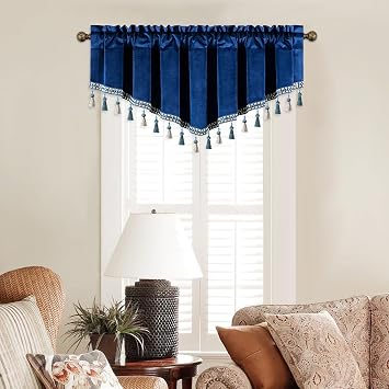 VOGOL Royal Blue Vintage Style Valance, Light Filtering Thick Fabric Solid Window Treatment for Book Room, Luxury Retro Velvet Swag Valances with Beaded Tassels, 1 Panel, 52 x 18